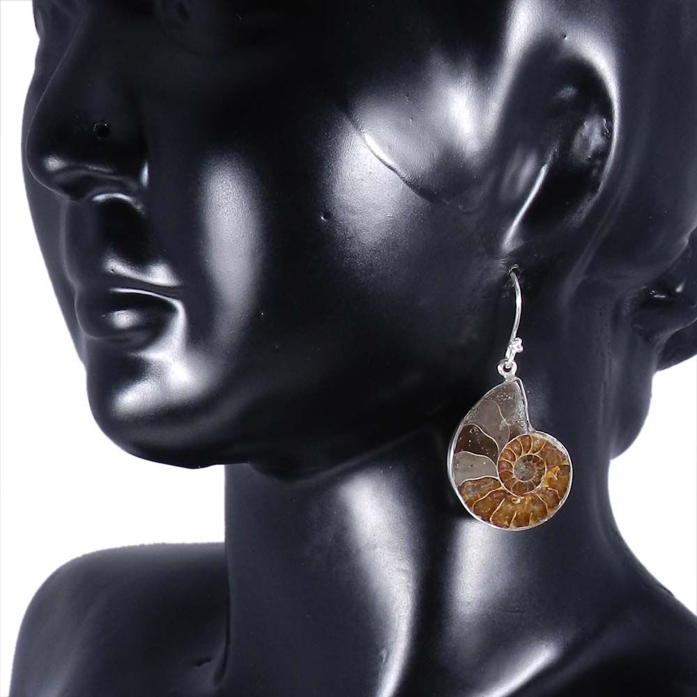 Ammonite Fossil 925 Sterling Silver Designer Bezel Dangle Earring