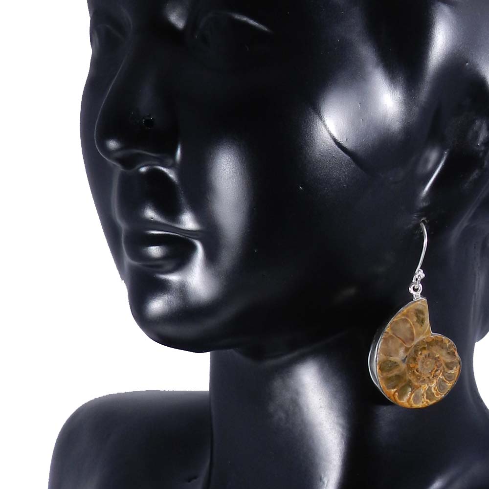 Ammonite Fossil 925 Sterling Silver Designer Bezel Dangle Earring