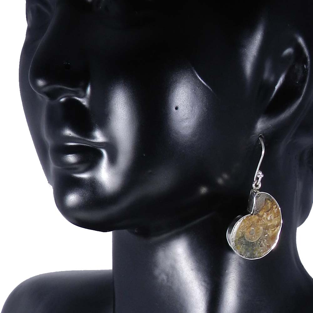 Ammonite Fossil 925 Sterling Silver Designer Bezel Dangle Earring