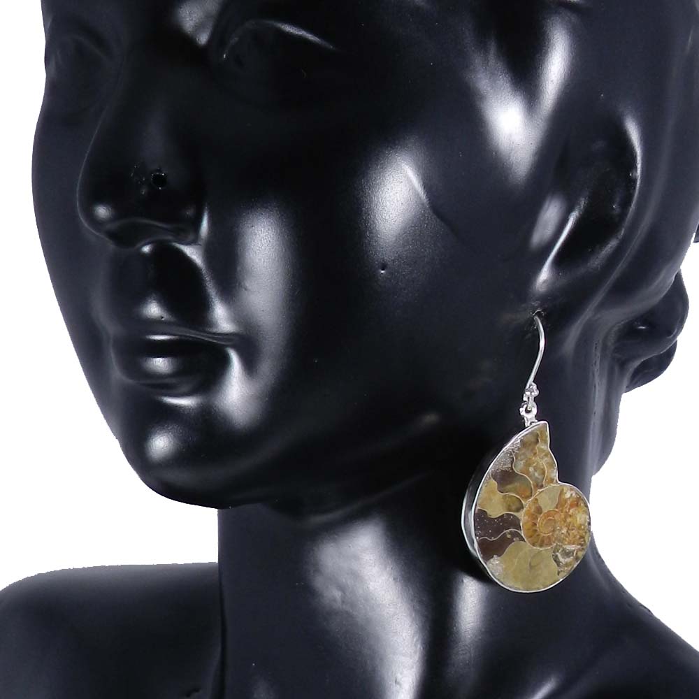 Ammonite Fossil 925 Sterling Silver Designer Bezel Dangle Earring