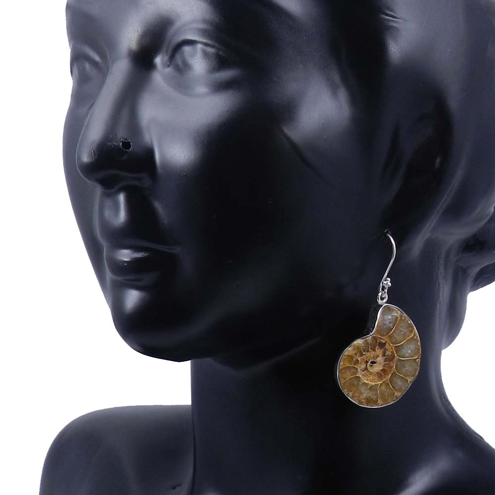 Ammonite Fossil 925 Sterling Silver Designer Bezel Dangle Earring