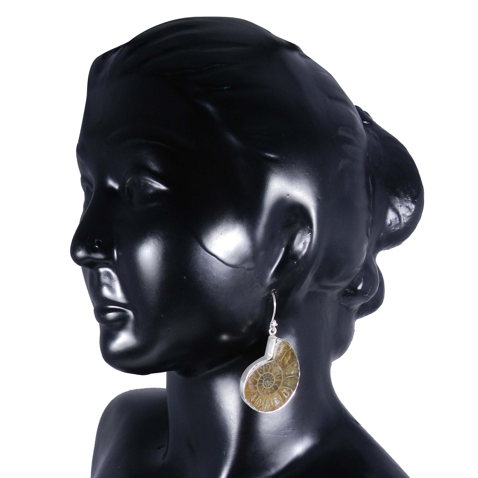 Ammonite Fossil 925 Sterling Silver Designer Bezel Dangle Earring