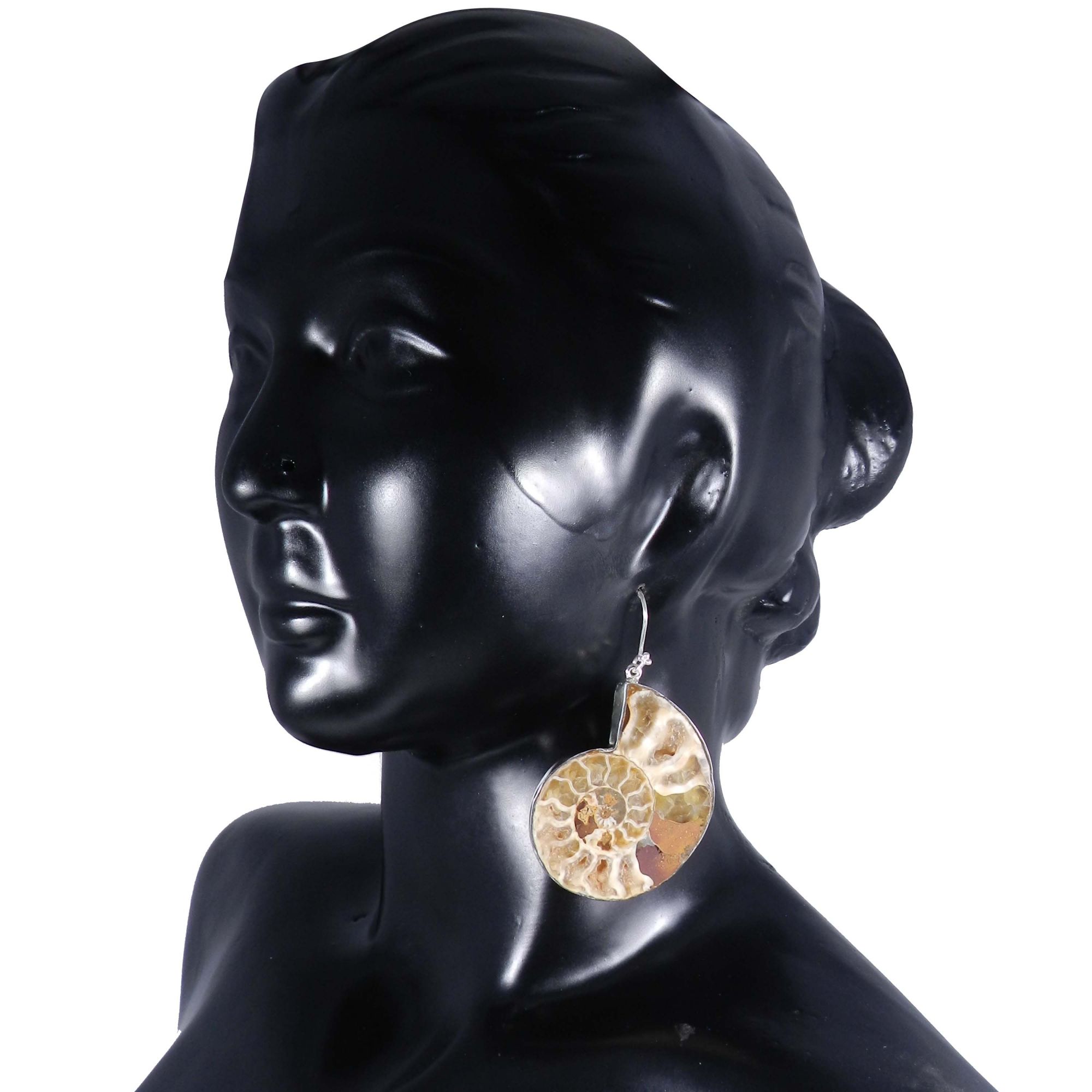 Ammonite Fossil 925 Sterling Silver Designer Bezel Dangle Earring