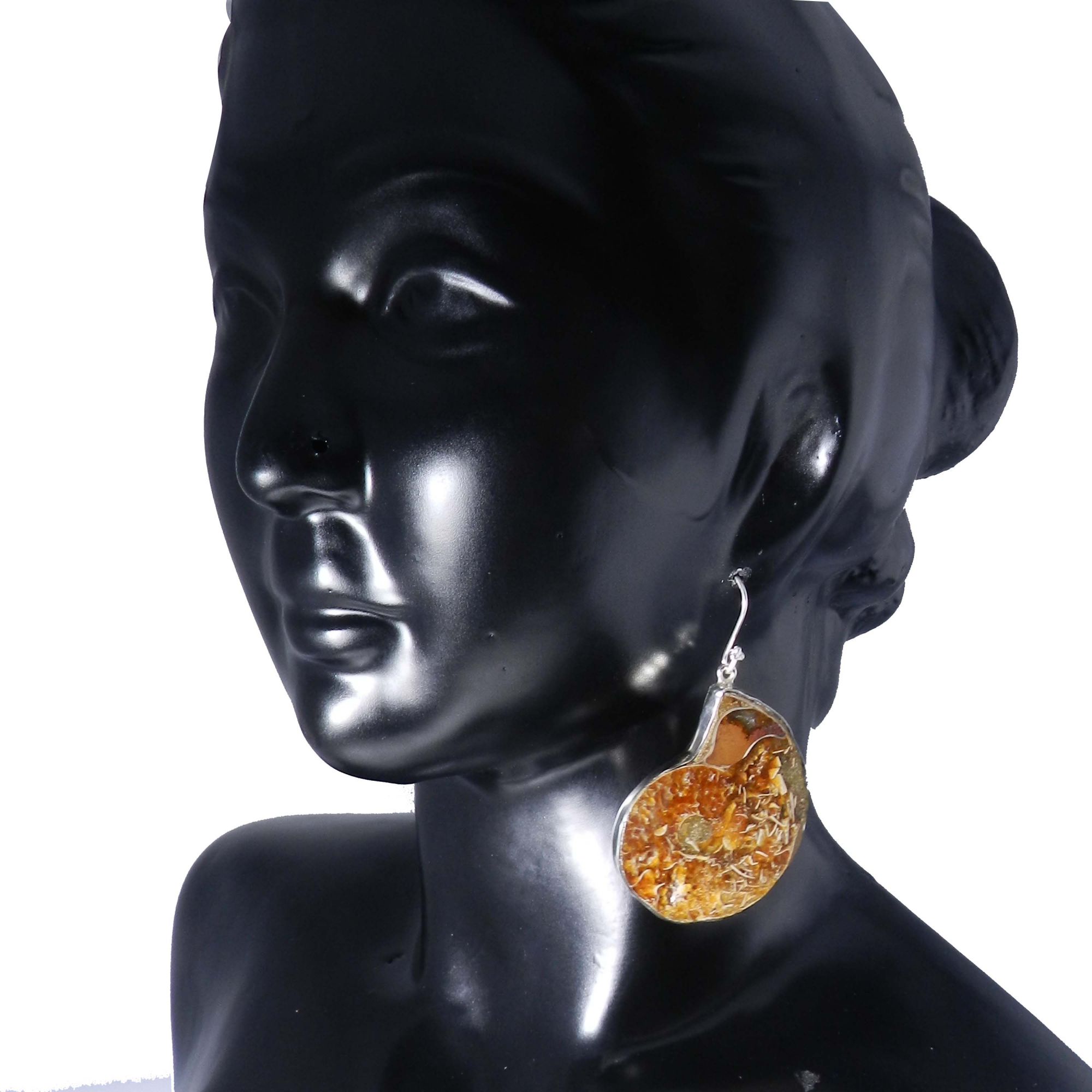 Ammonite Fossil 925 Sterling Silver Designer Bezel Dangle Earring