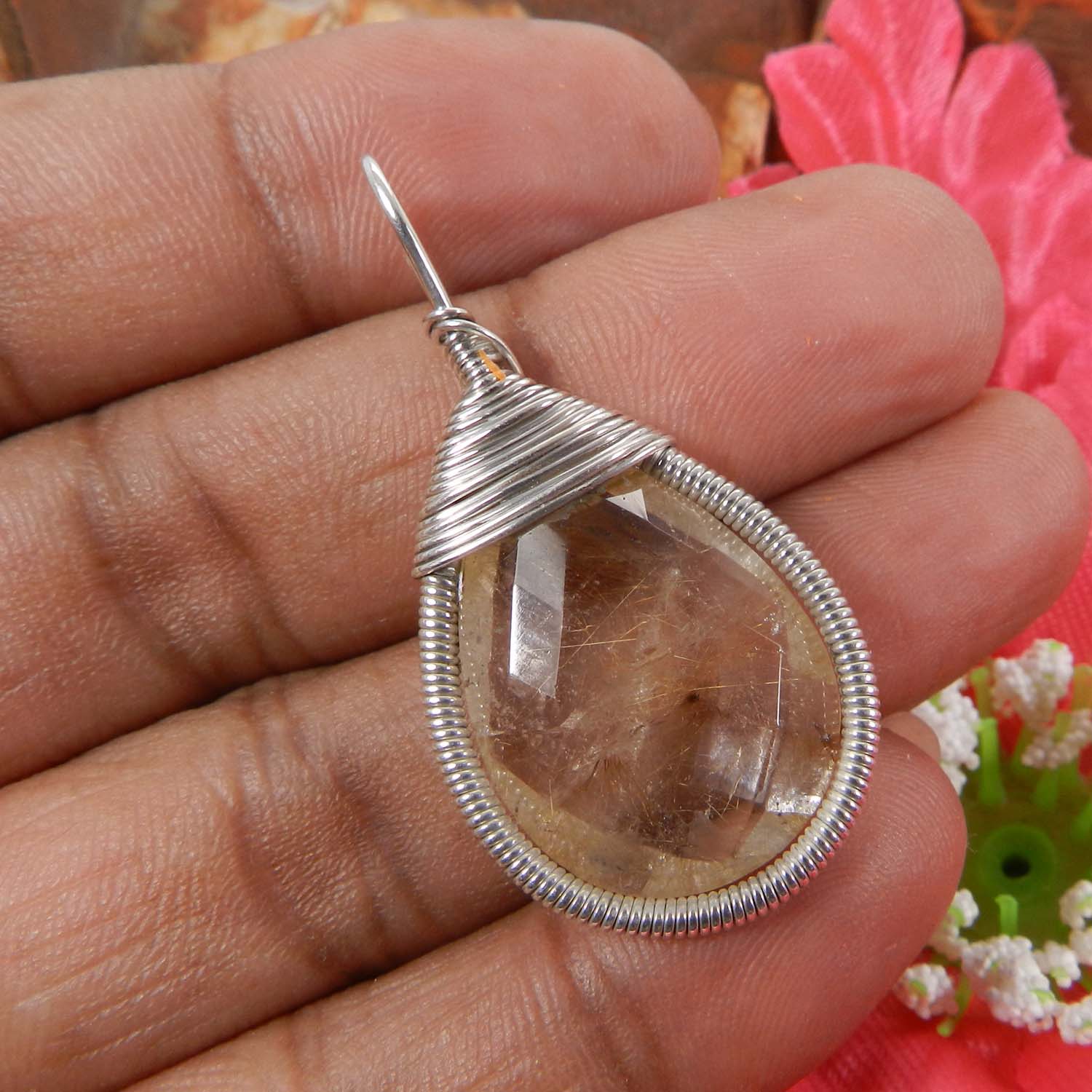 Bailey Golden Rutile Quartz Silver Wire Wrapped Designer Pendant