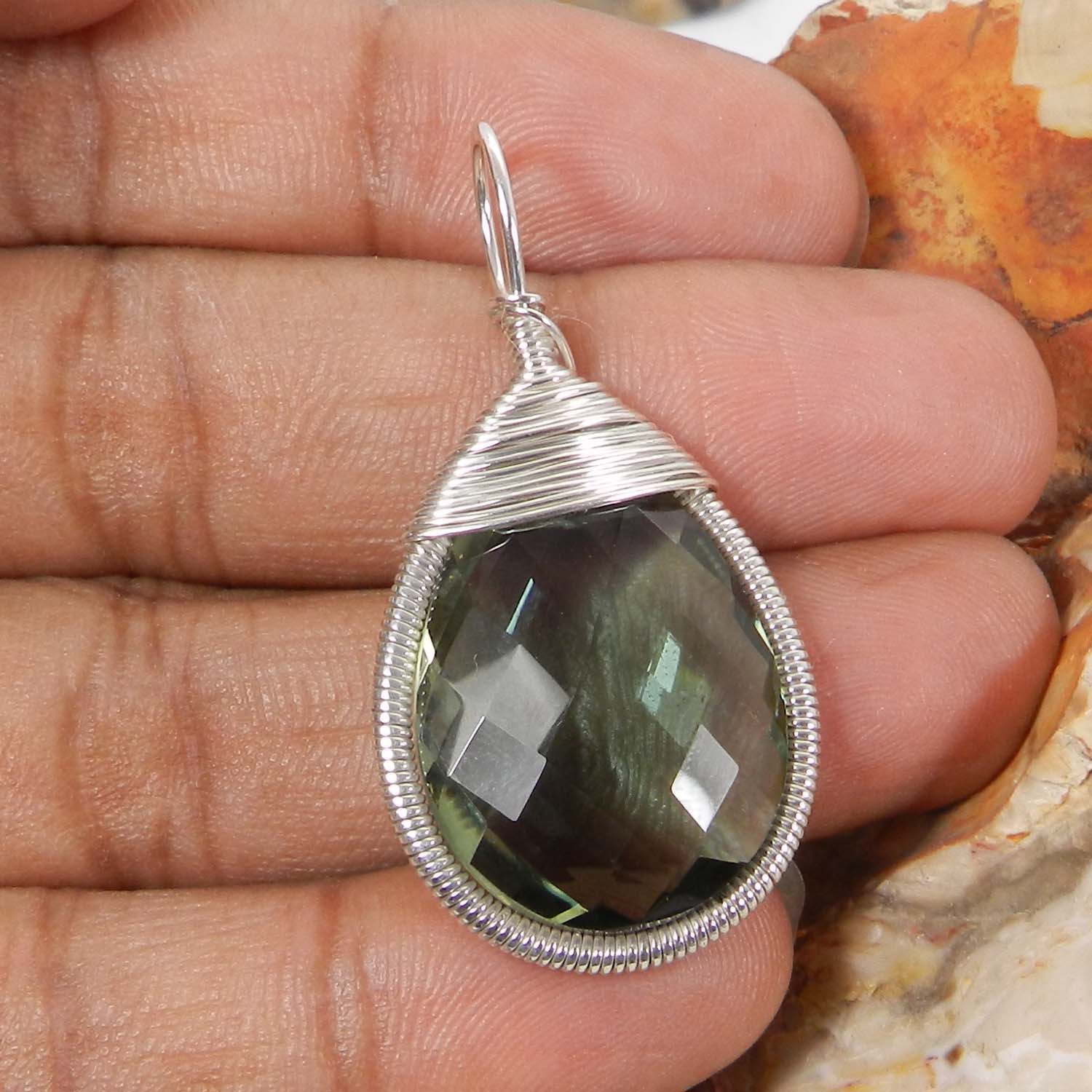 Bailey Green Amethyst Silver Wire Wrapped Designer Pendant