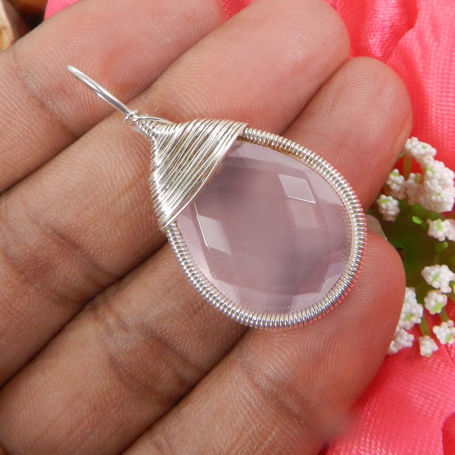 Bailey Rose Chalcedony Silver Wire Wrapped Designer Pendant