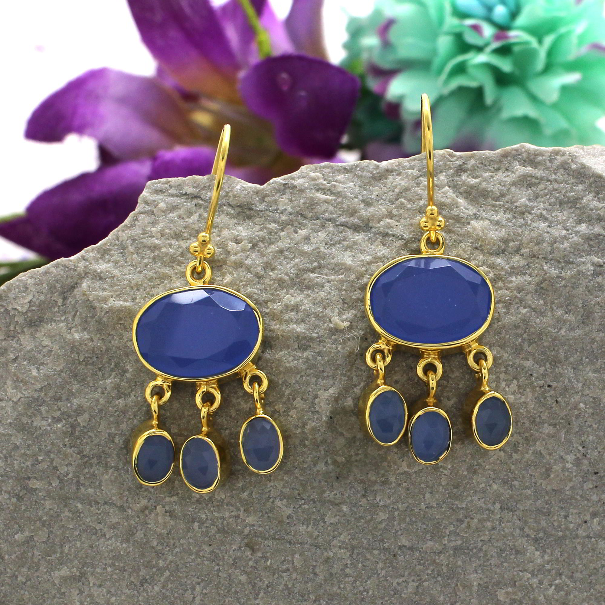 Blue Chalcedony Gold Plated 925 Silver Dangle Earrings