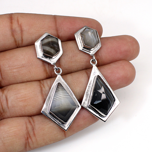 Botswana Agate Gemstone Brass Gold Plated Earring