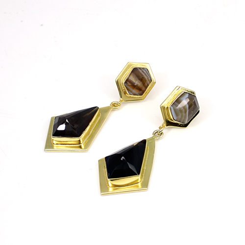 Botswana Agate Gemstone Brass Gold Plated Earring