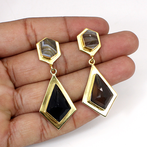 Botswana Agate Gemstone Brass Gold Plated Earring
