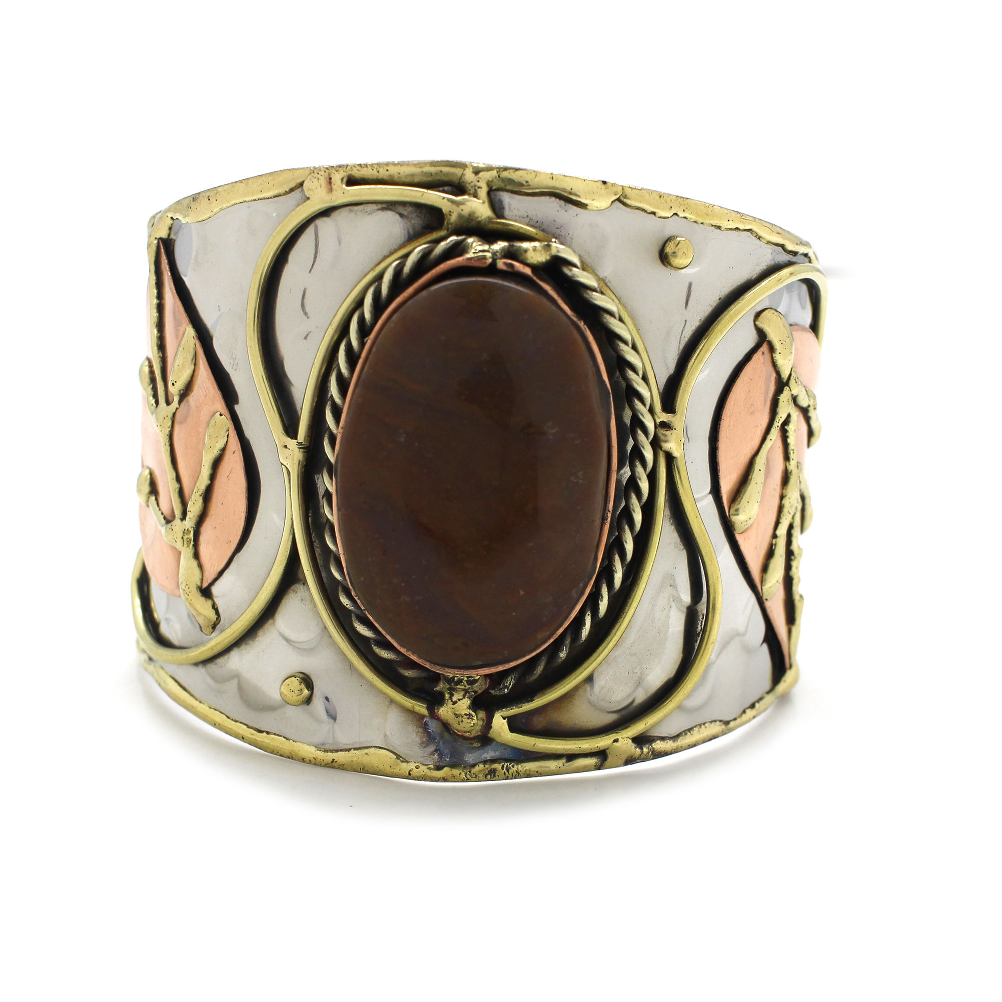 Brown Jasper Swirls Leaf Brass Cuff Bracelet