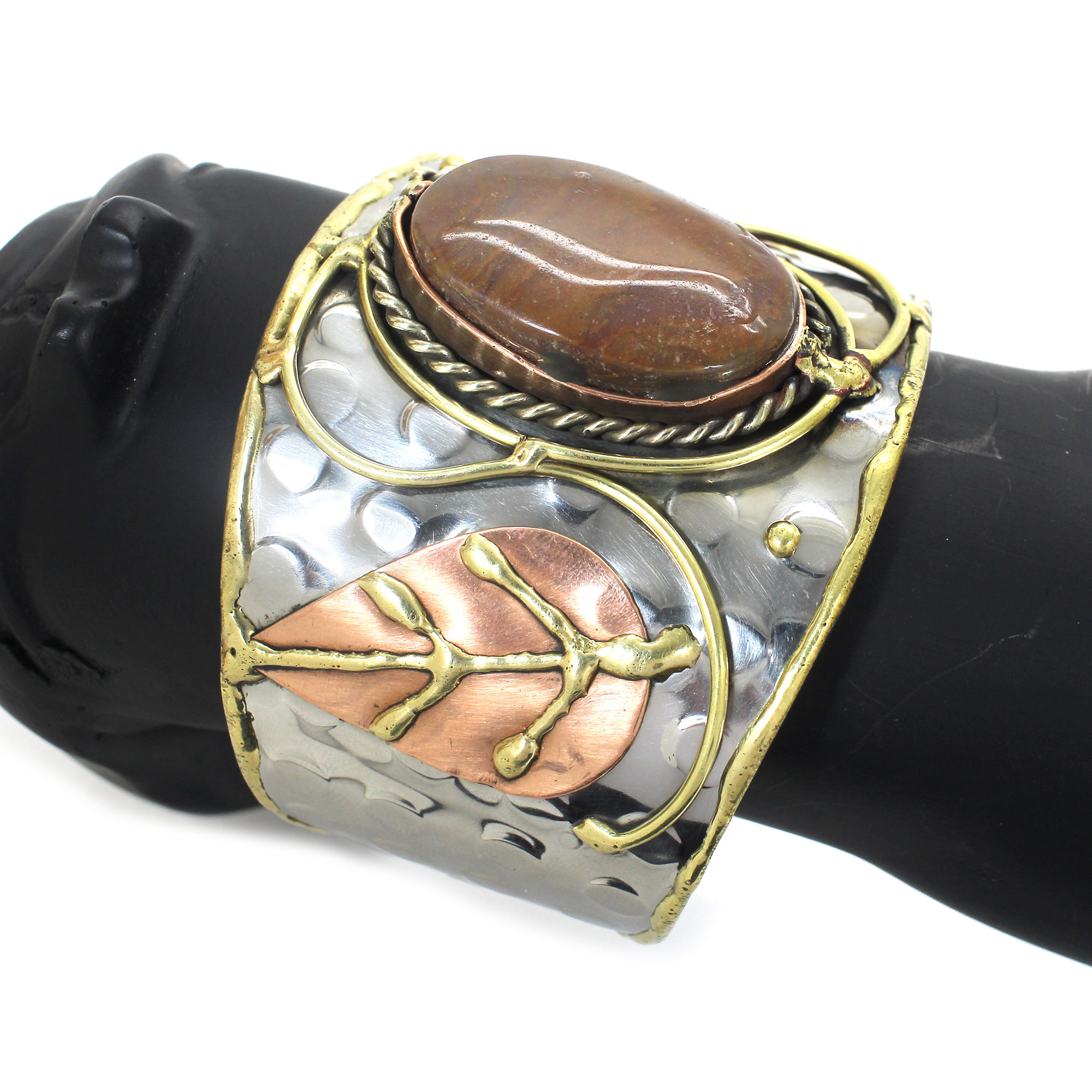 Brown Jasper Swirls Leaf Brass Cuff Bracelet