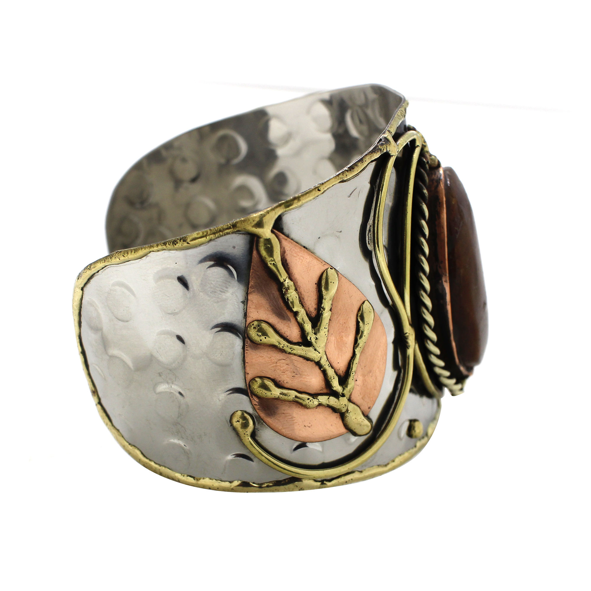Brown Jasper Swirls Leaf Brass Cuff Bracelet