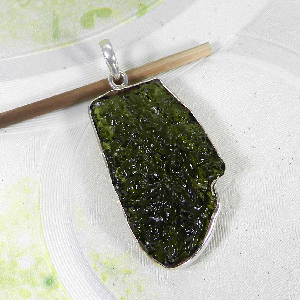 Chinese Moldavite 925 Sterling Silver Designer Bezel Set Pendant