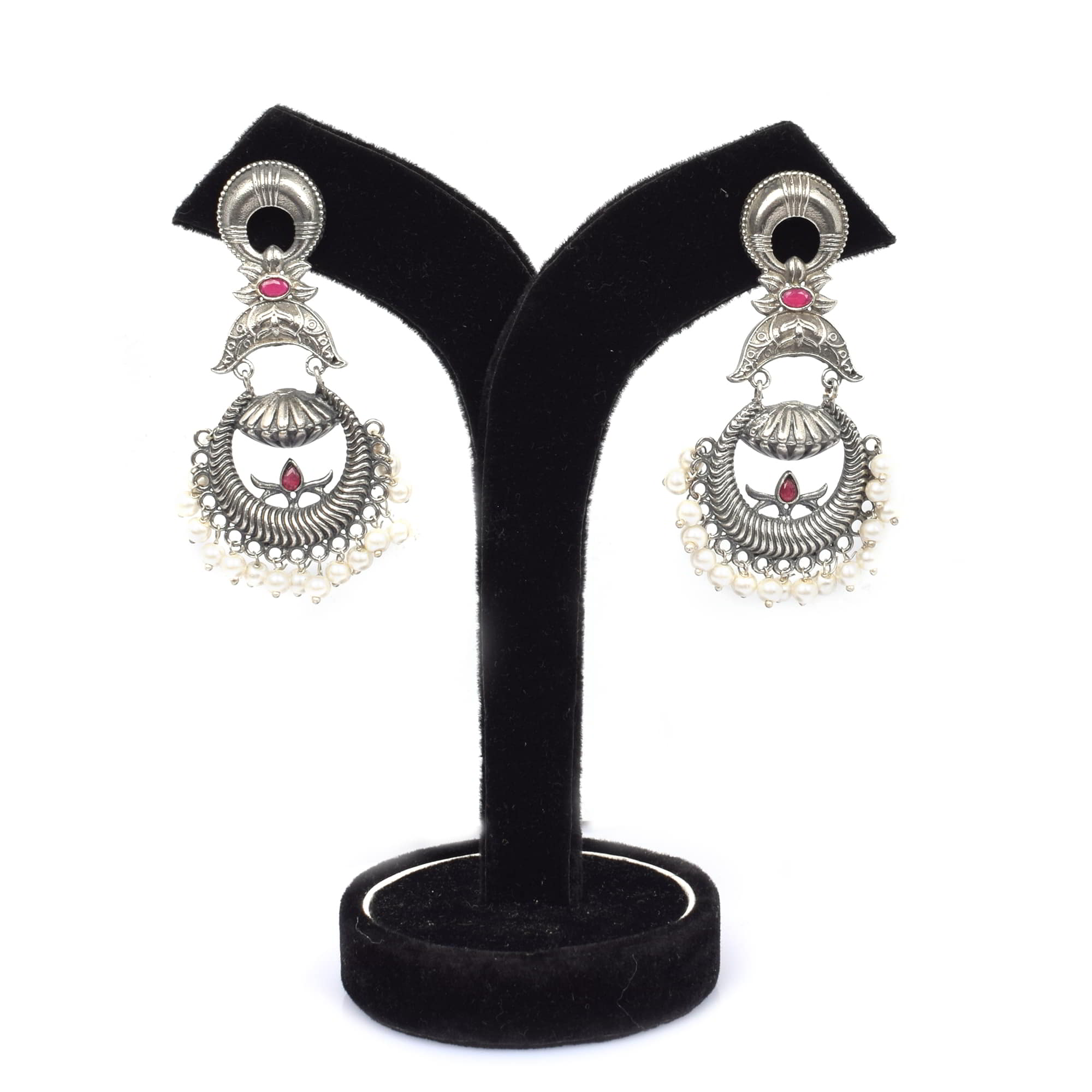 Red Imitation Handcrafted Peacock Textured Traditional Brass Oxidized Dangle Earring
