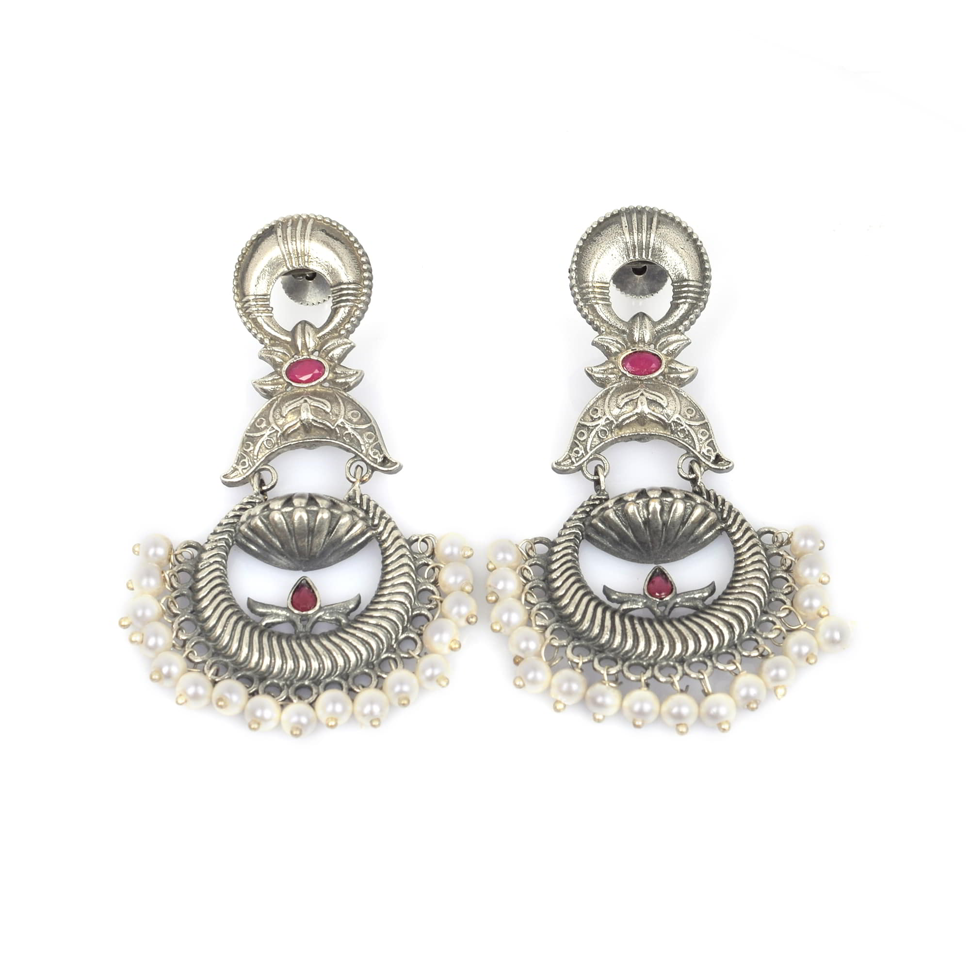 Red Imitation Handcrafted Peacock Textured Traditional Brass Oxidized Dangle Earring