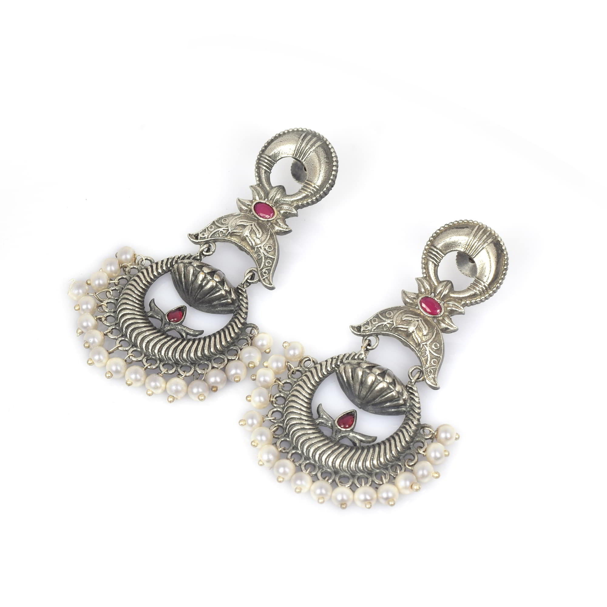 Red Imitation Handcrafted Peacock Textured Traditional Brass Oxidized Dangle Earring