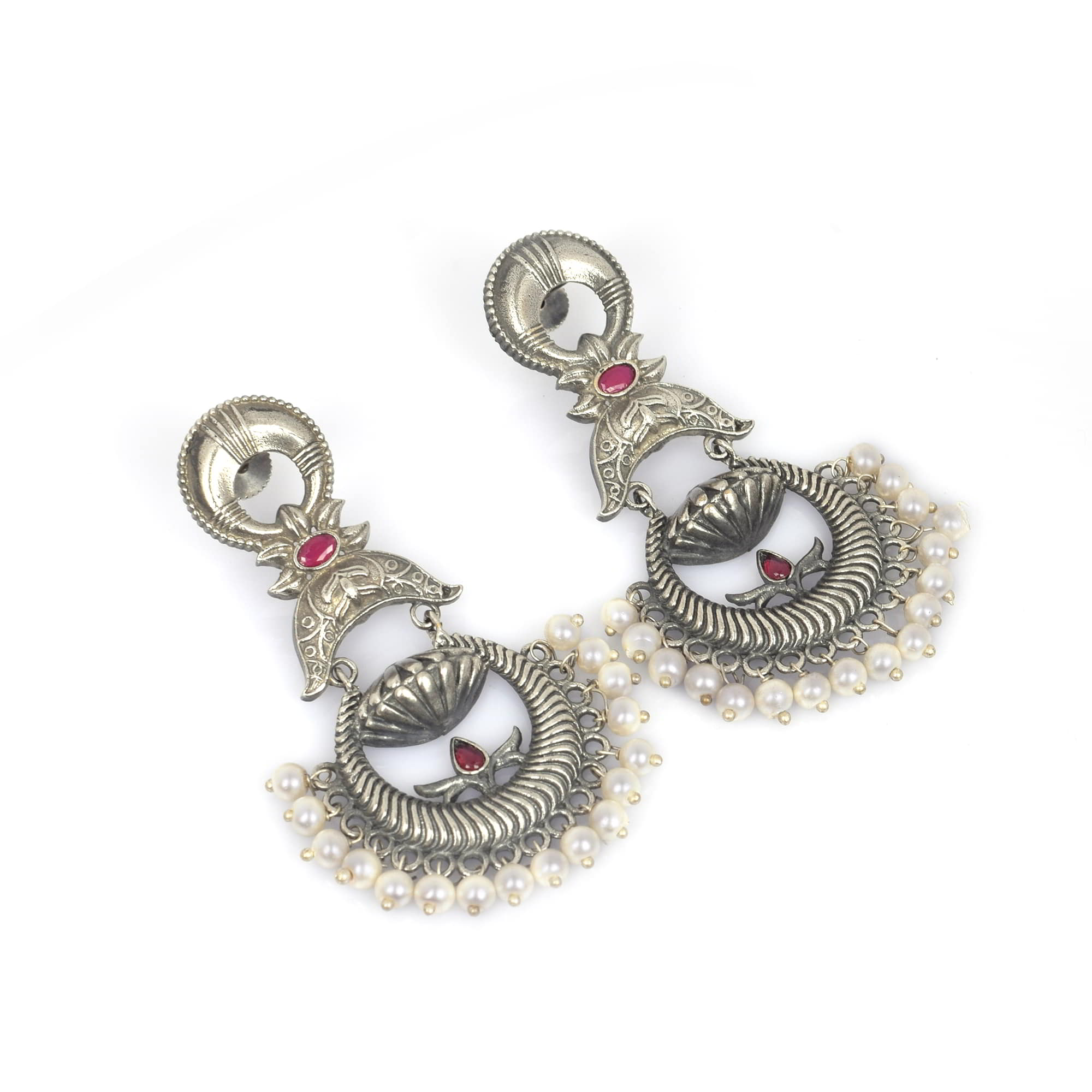 Red Imitation Handcrafted Peacock Textured Traditional Brass Oxidized Dangle Earring