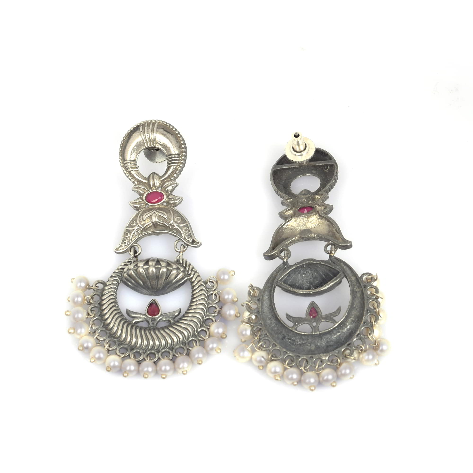 Red Imitation Handcrafted Peacock Textured Traditional Brass Oxidized Dangle Earring