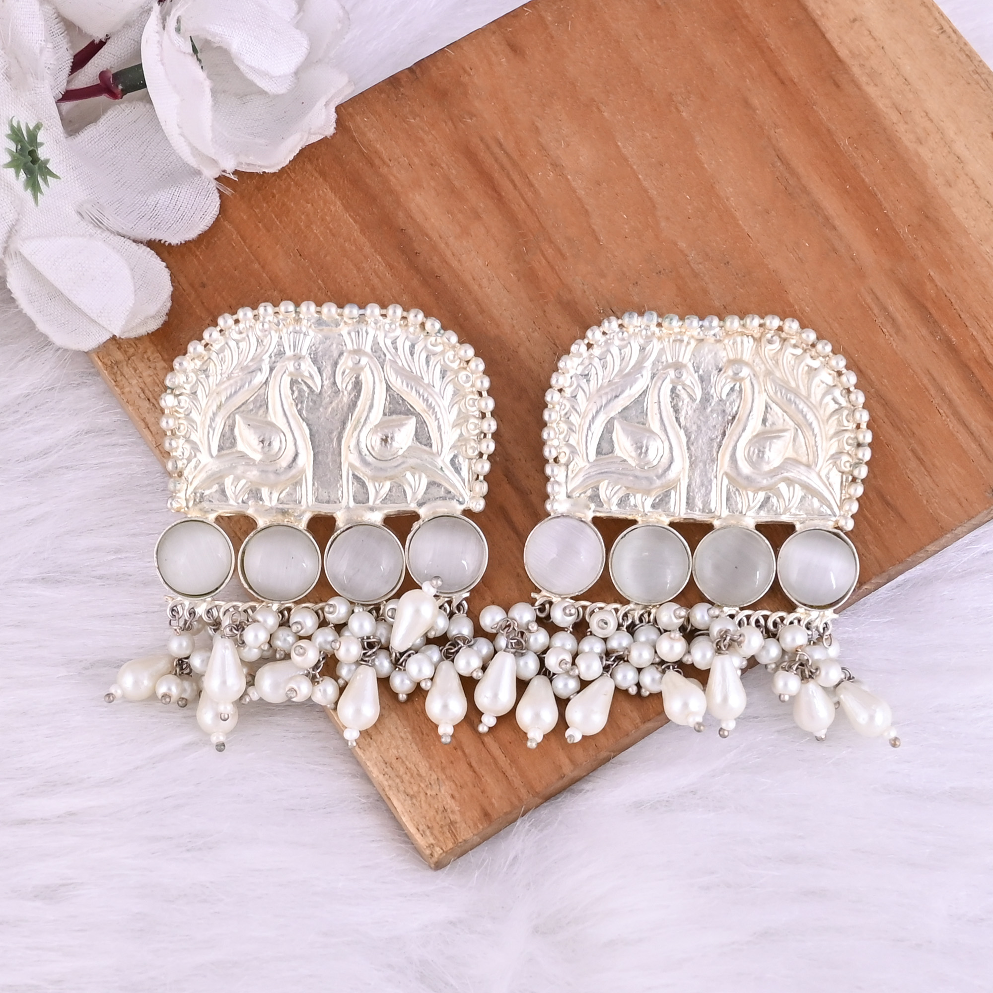 Pearls Gray Catseye Gemstone German Silver Ethnic Design Stud Earrings