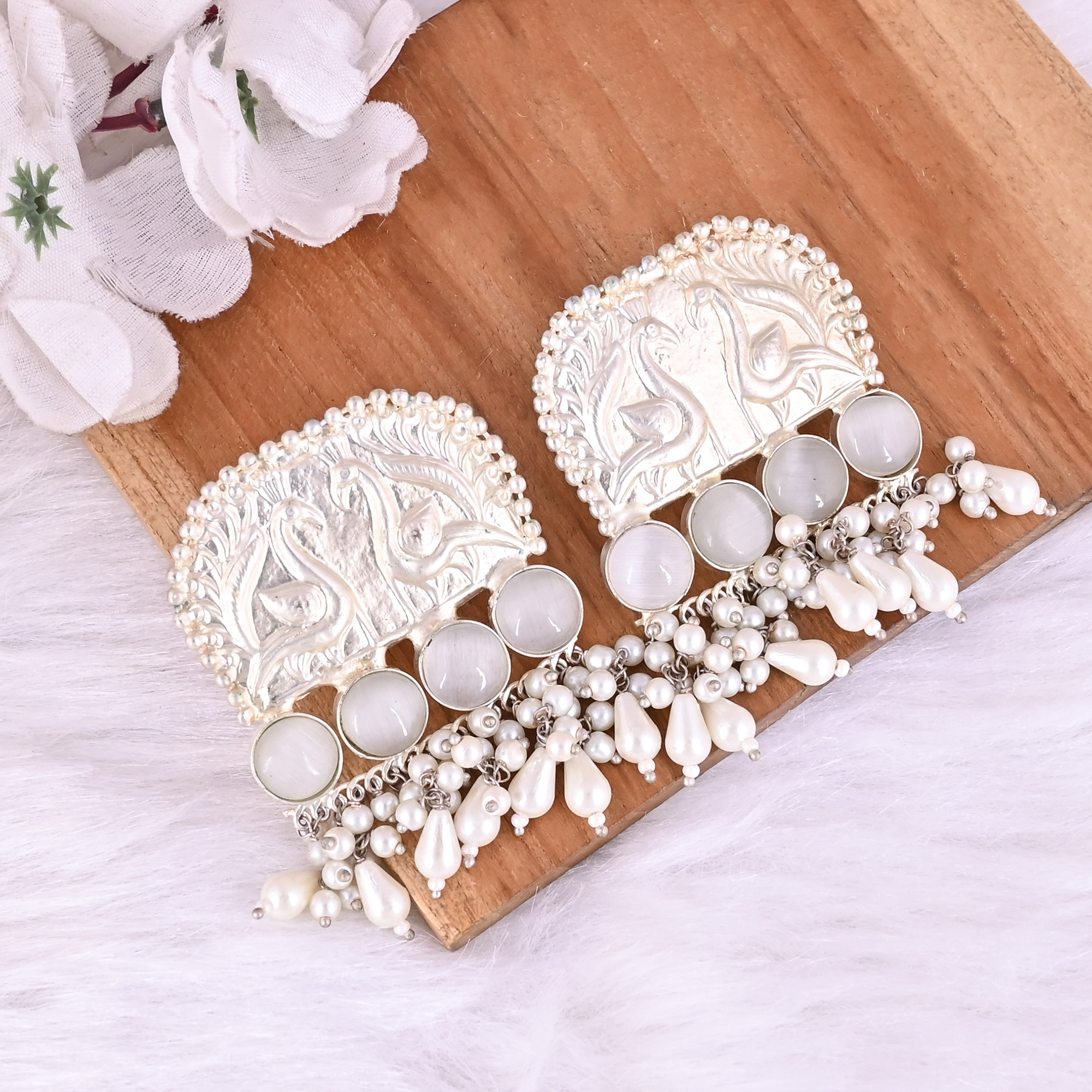 Pearls  Gray Catseye  Gemstone German Silver Ethnic Design Stud Earrings