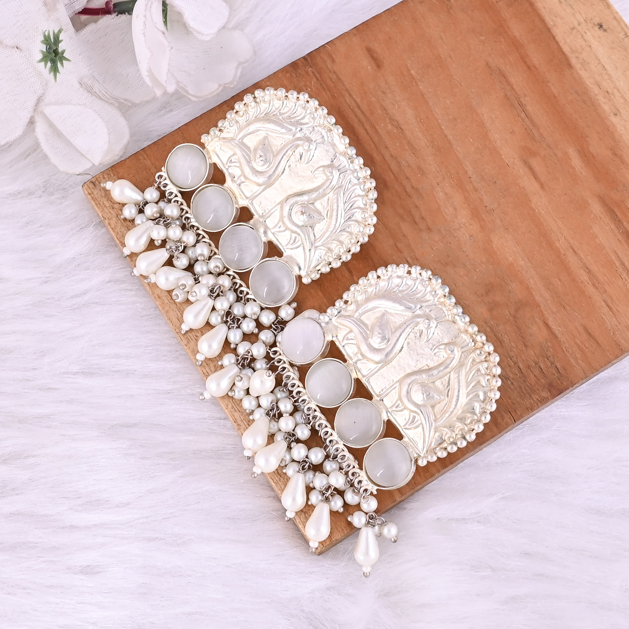 Pearls Gray Catseye Gemstone German Silver Ethnic Design Stud Earrings