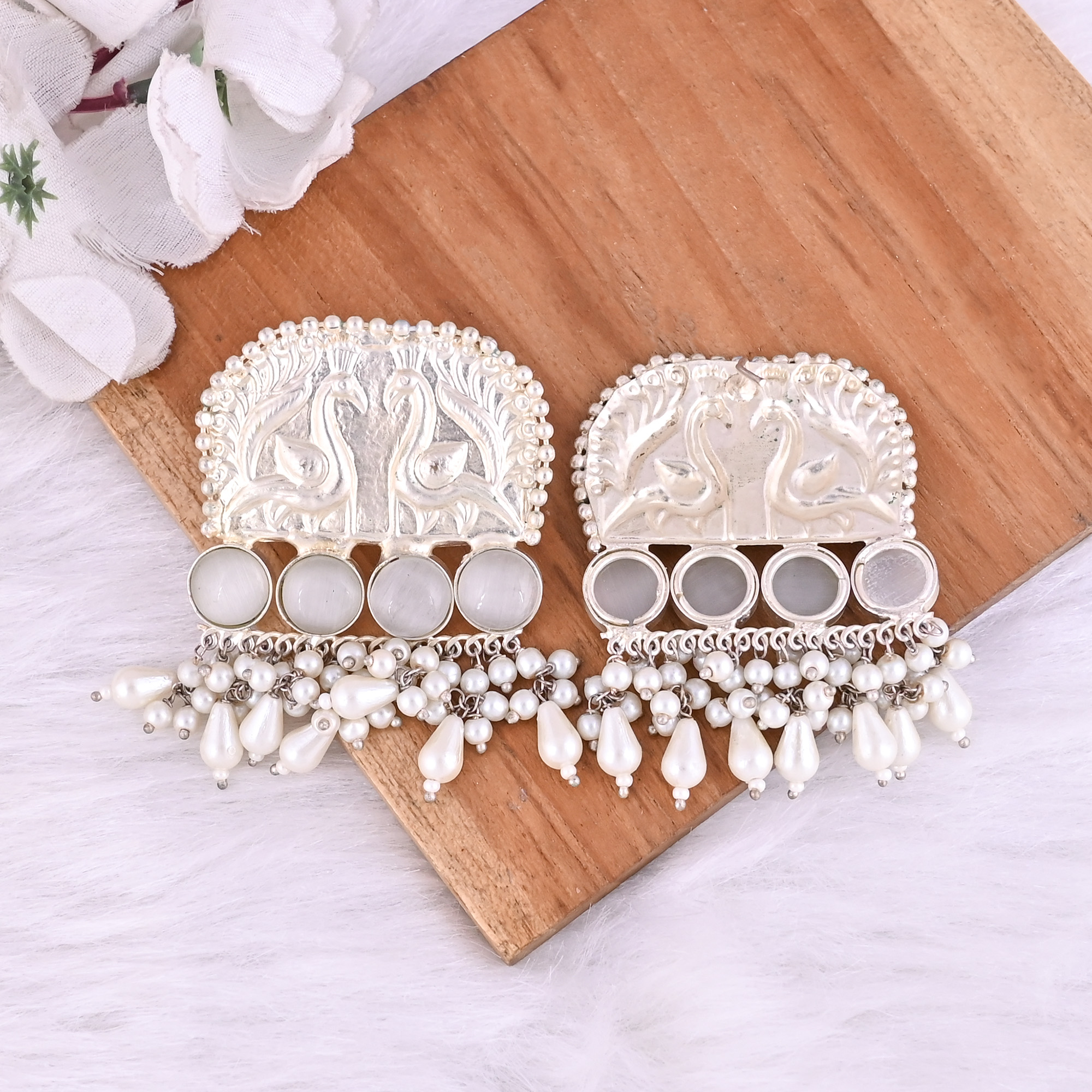 Pearls  Gray Catseye  Gemstone German Silver Ethnic Design Stud Earrings