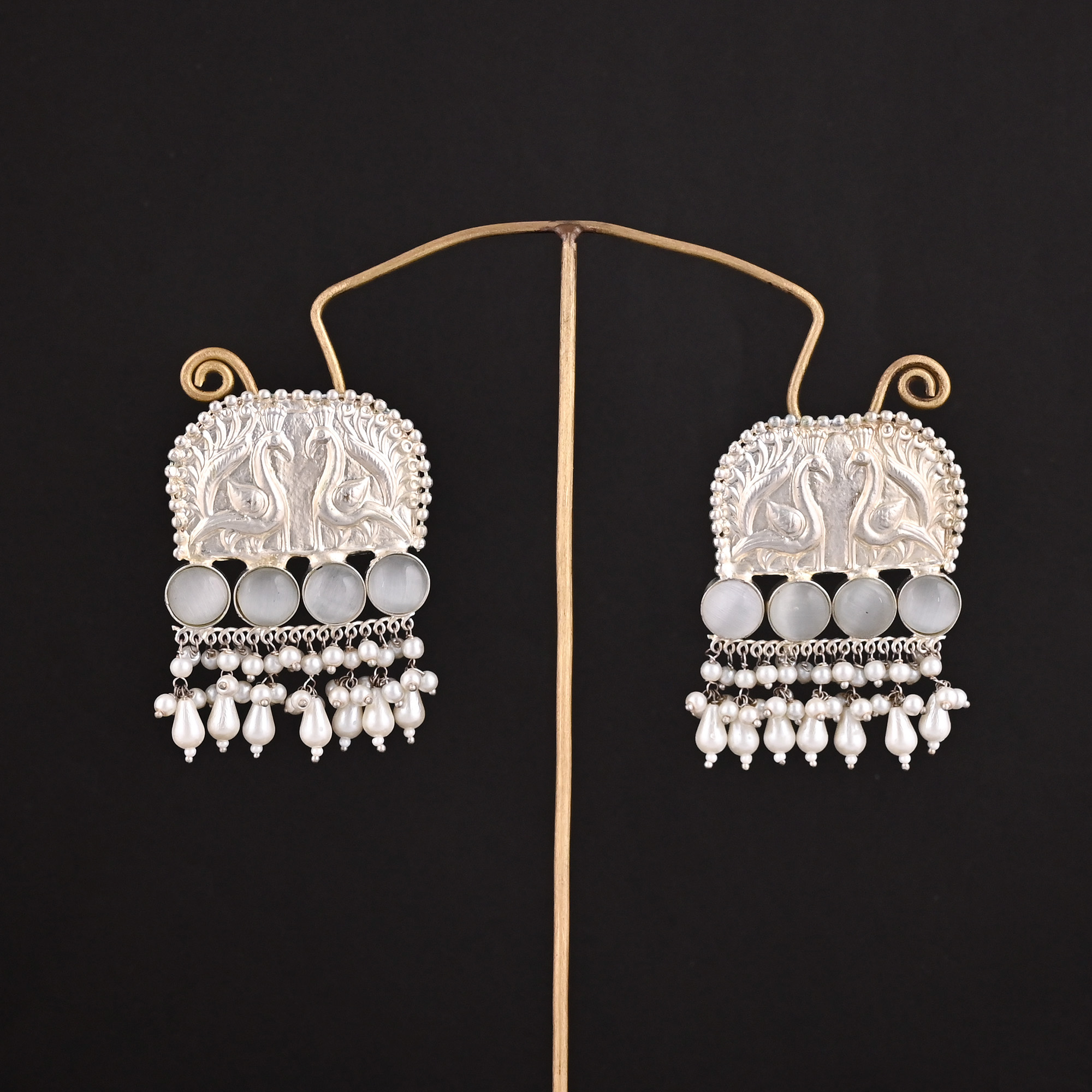 Pearls  Gray Catseye  Gemstone German Silver Ethnic Design Stud Earrings