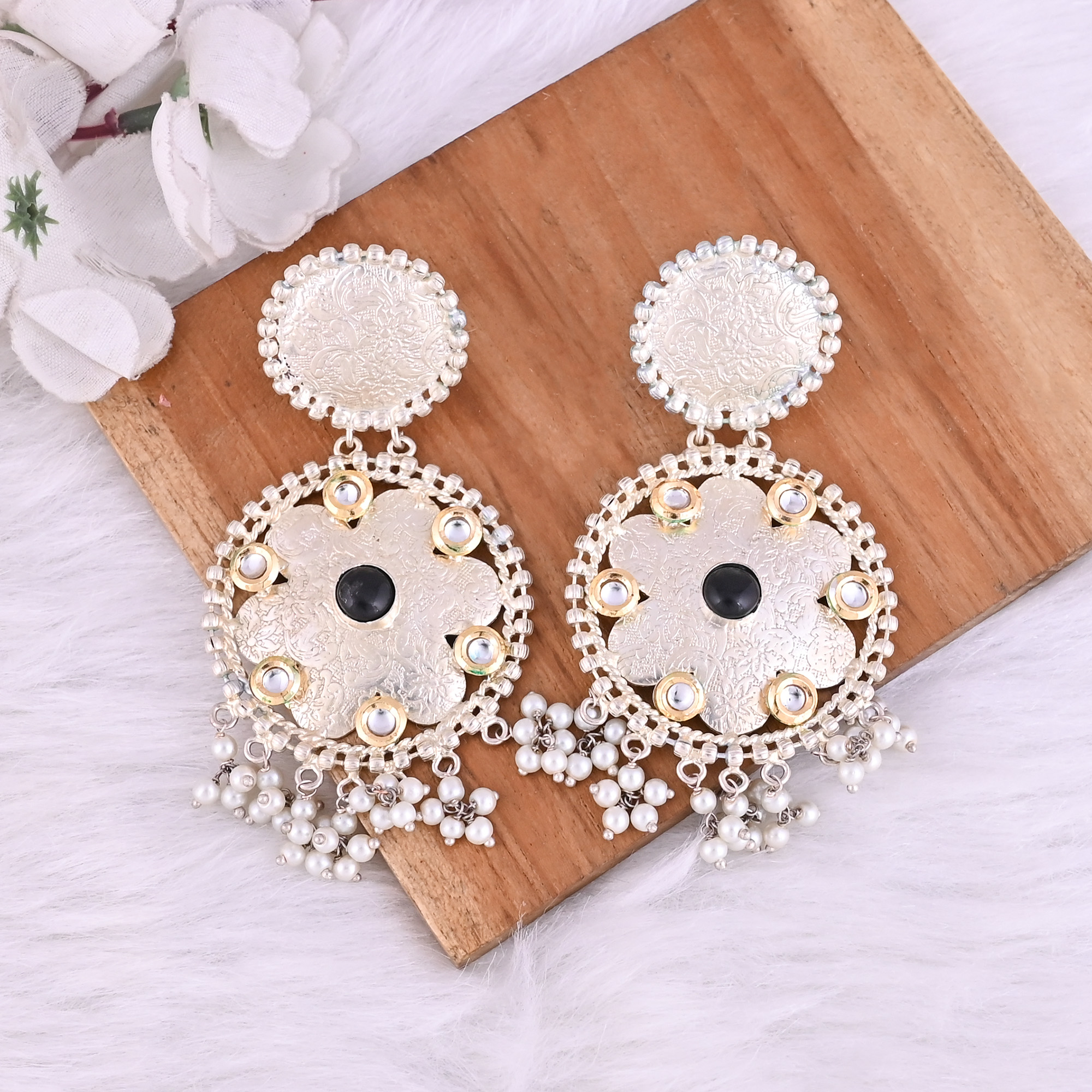 Black Onyx Kundan Pearl Stone German Silver Ethnic Design Dangle Earring