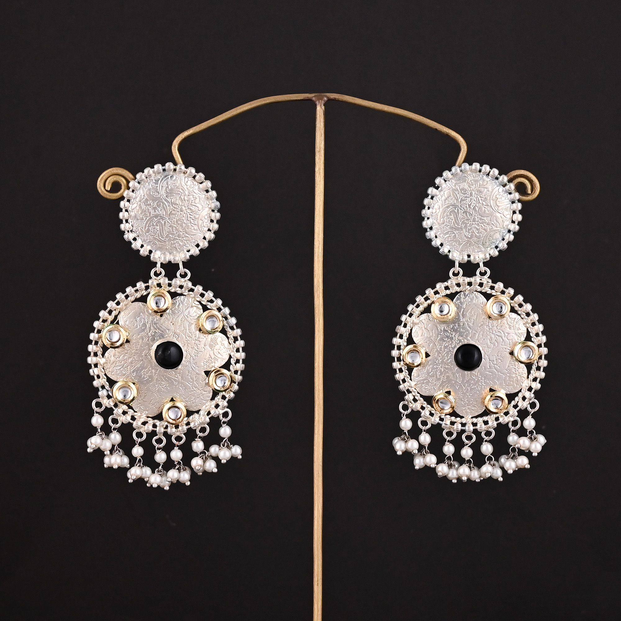 Black Onyx Kundan Pearl Stone German Silver Ethnic Design Dangle Earring