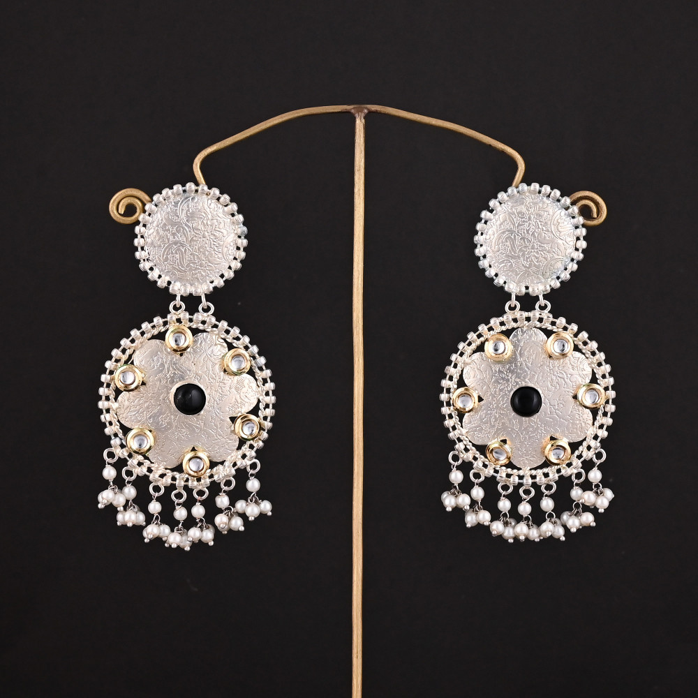 Image of Black Onyx, Kundan, Pearl Stone German Silver Ethnic Design Dangle Earring