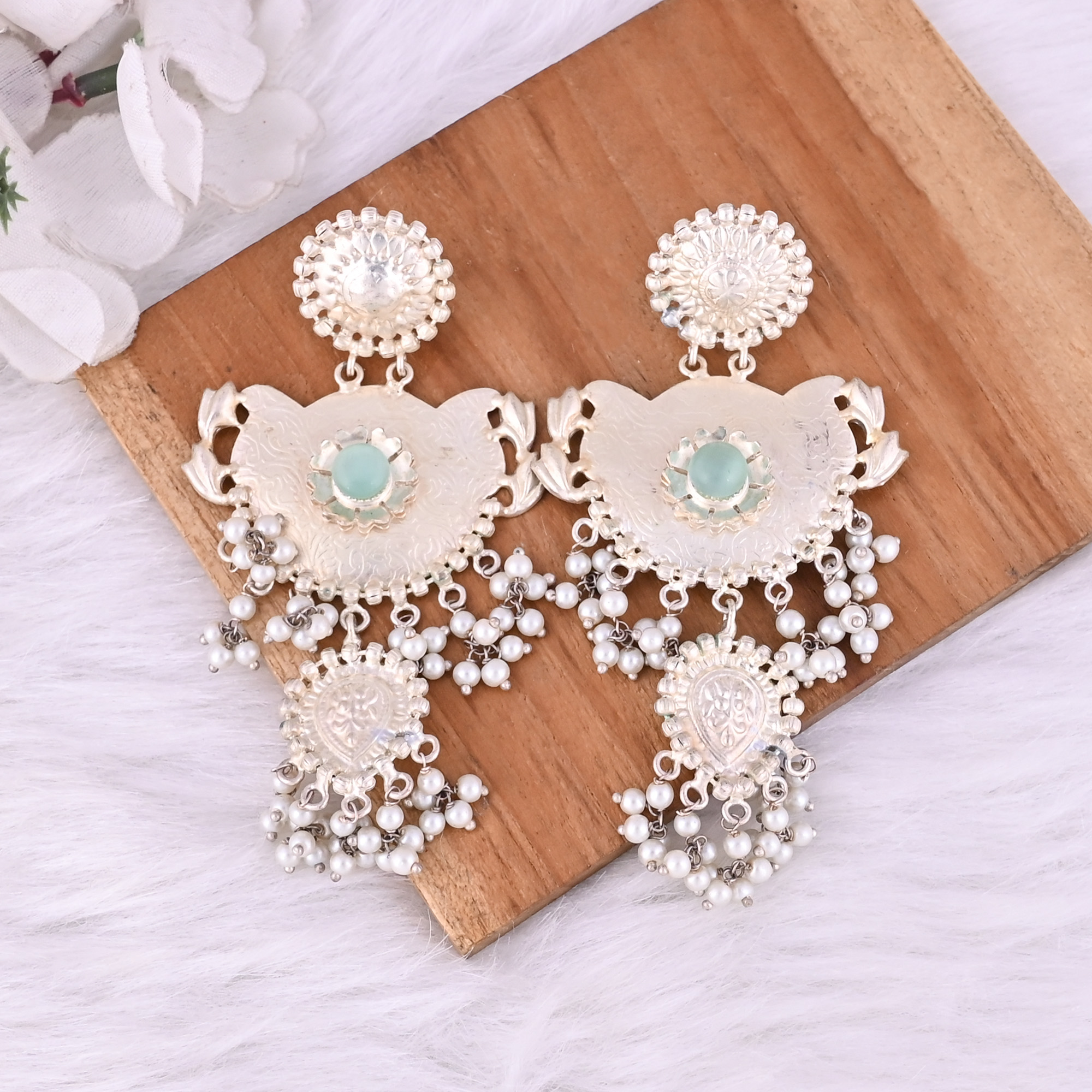 Light Green Catseye Pearls Stone German Silver Ethnic Design Dangle Earring