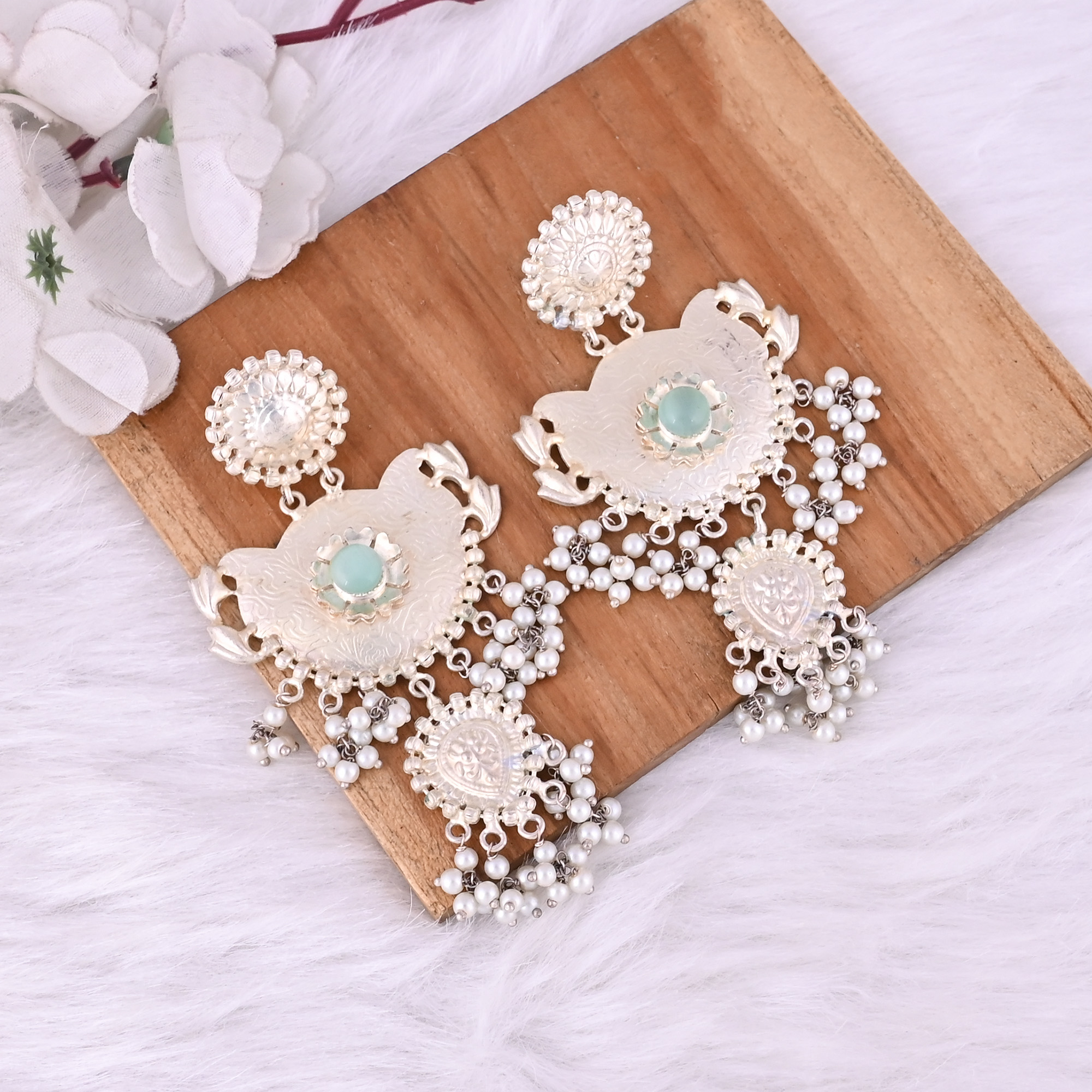 Light Green Catseye Pearls Stone German Silver Ethnic Design Dangle Earring