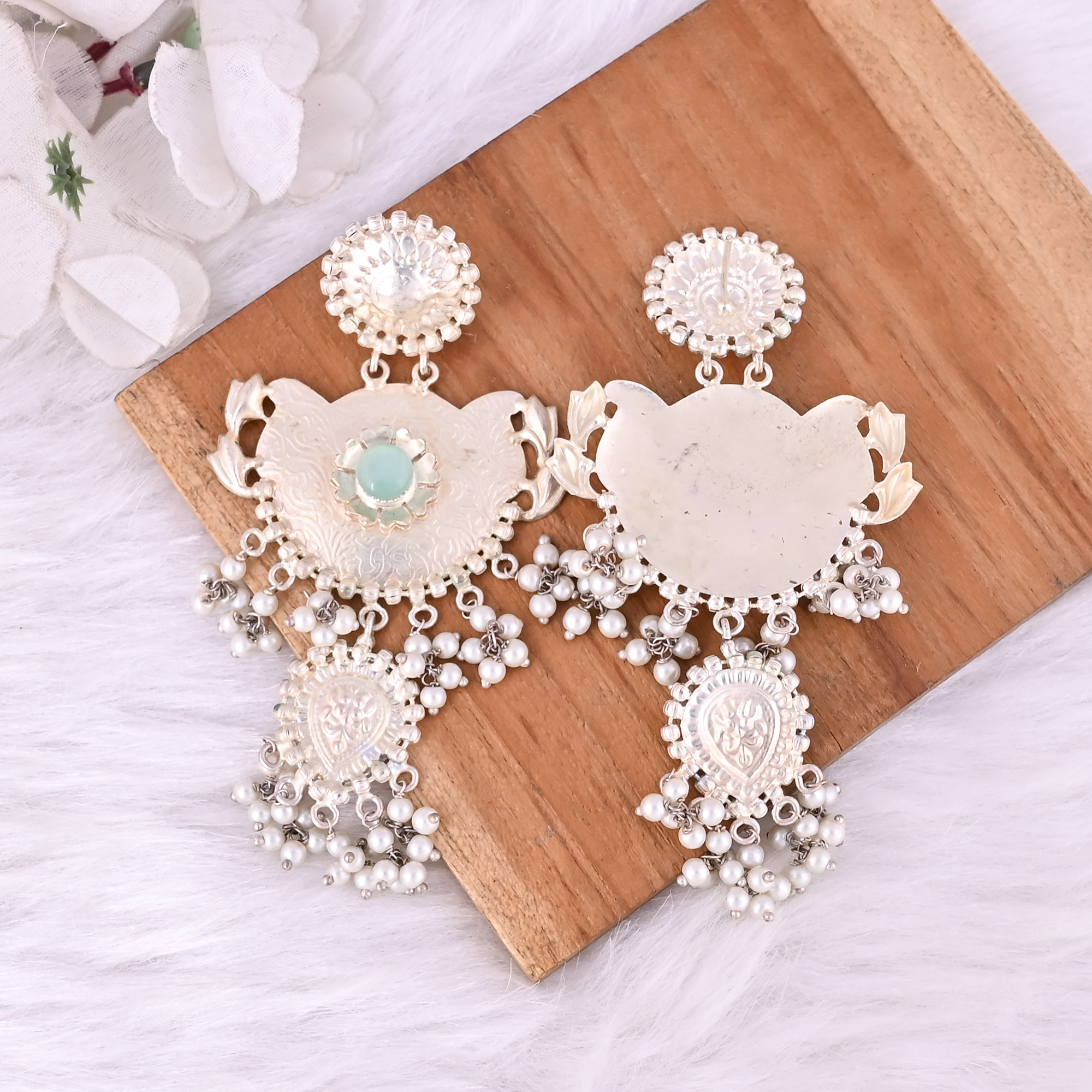 Light Green Catseye Pearls Stone German Silver Ethnic Design Dangle Earring
