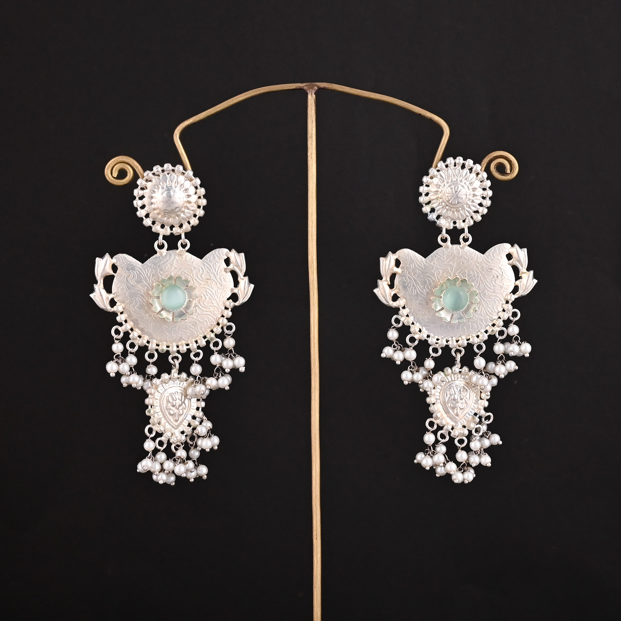 Light Green Catseye Pearls Gemstone German Silver Ethnic Design Dangle Earrings