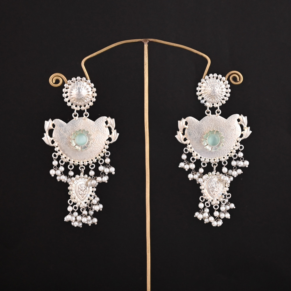 Image of Light Green Cat'seye, Pearl's Stone German Silver Ethnic Design Dangle Earring