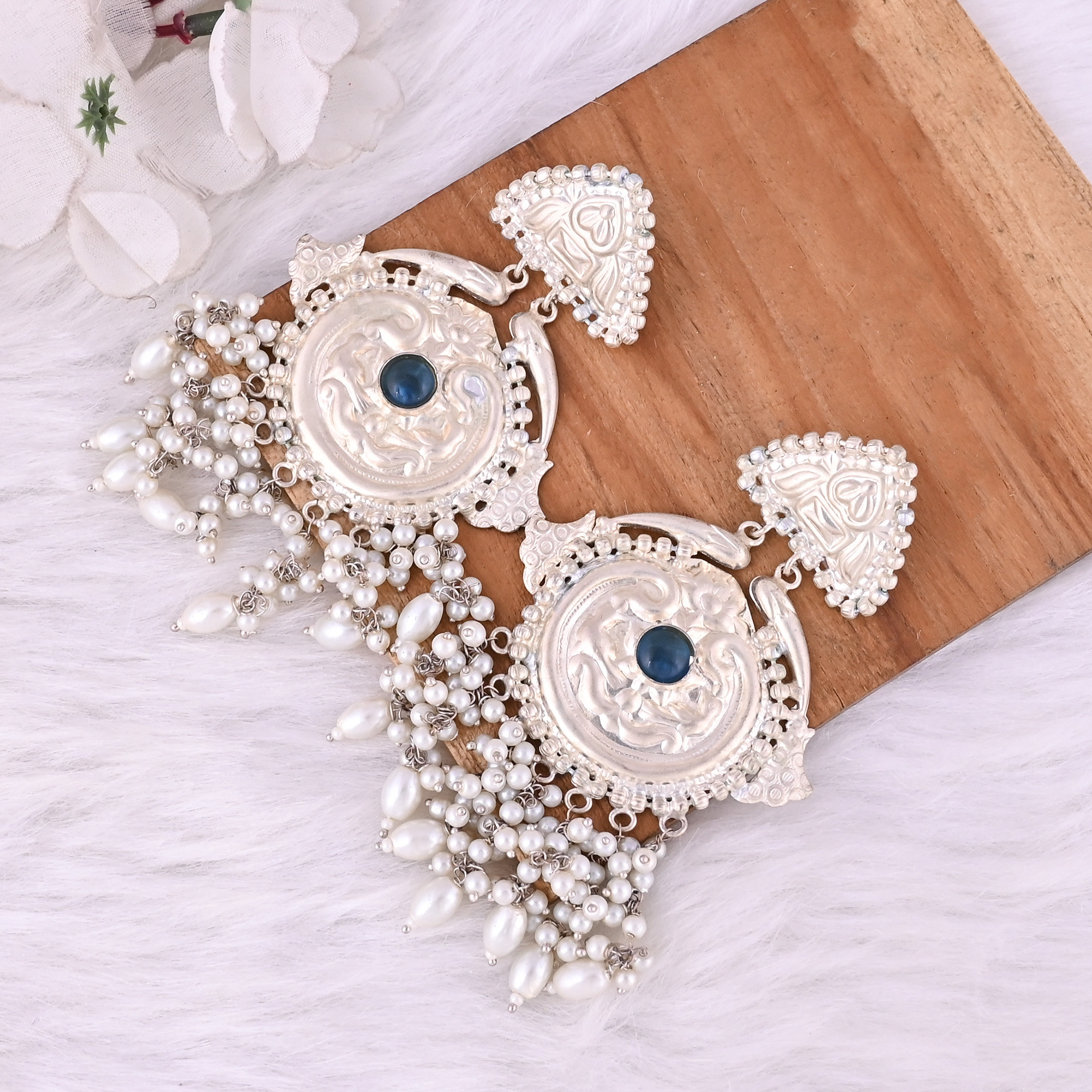 Teal Tourmaline Hydro Pearl Stone German Silver Ethnic Design Dangle Earring