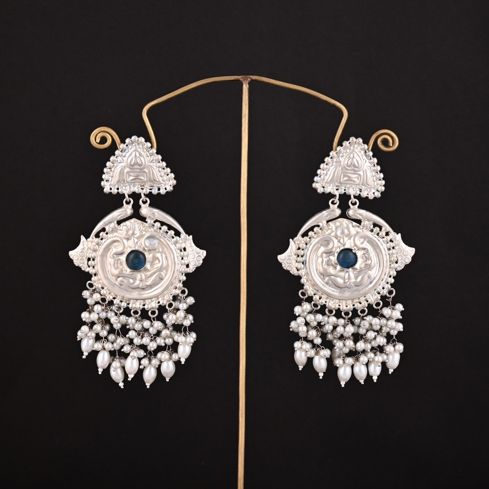 Image of Teal Tourmaline Hydro, Pearl Stone German Silver Ethnic Design Dangle Earring