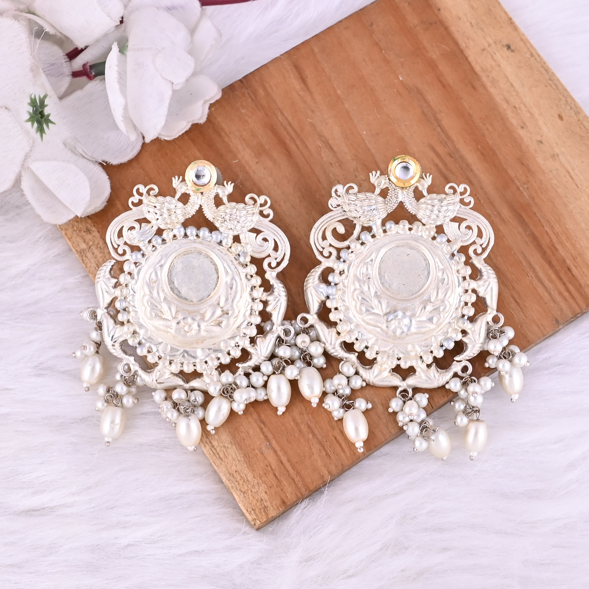 Pearls Kundan German Silver Ethnic Design Stud Earrings