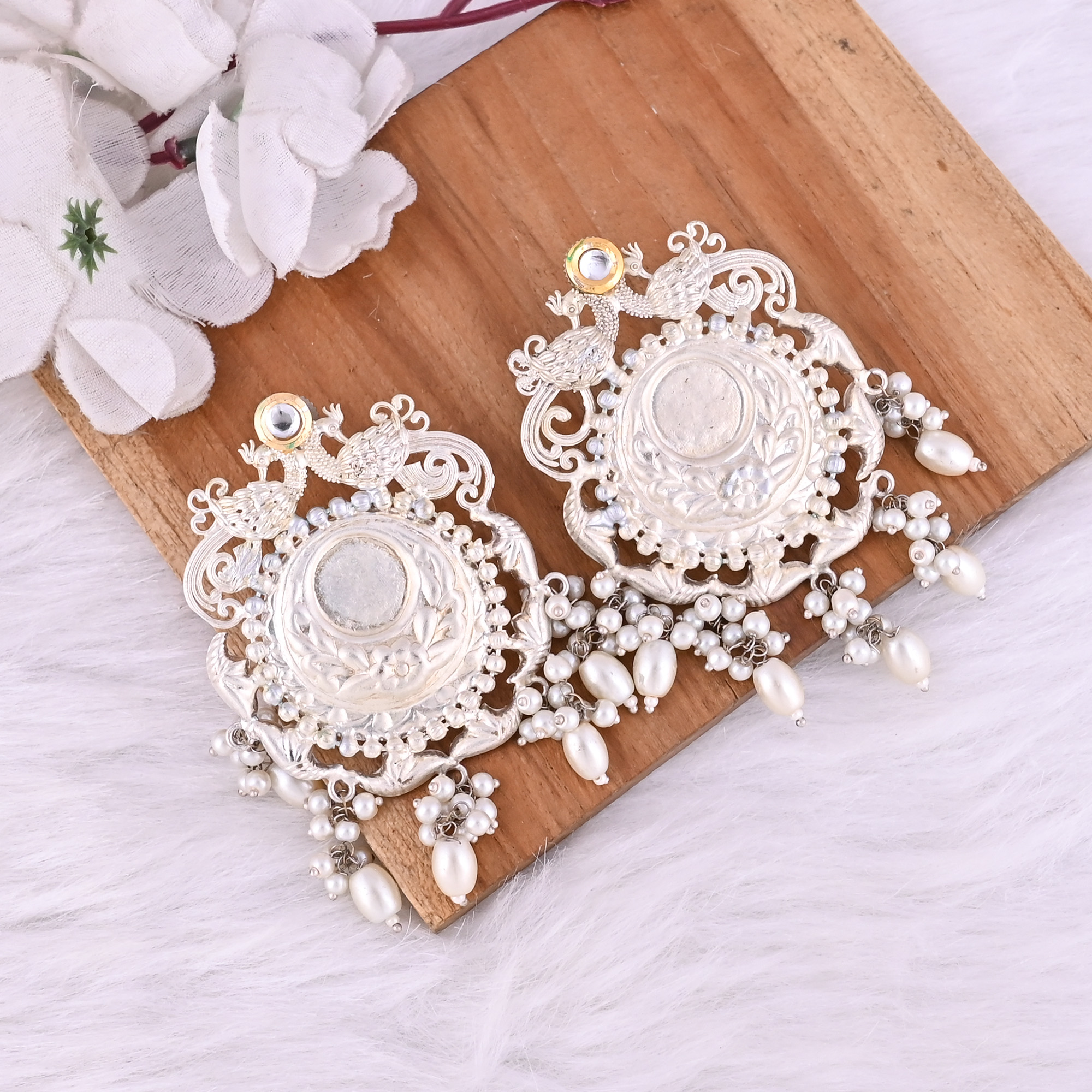 Pearls Kundan German Silver Ethnic Design Stud Earrings