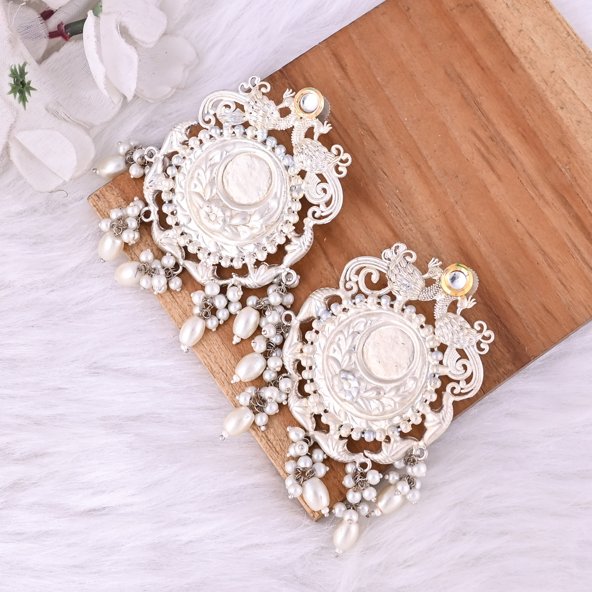 Pearls Kundan German Silver Ethnic Design Stud Earrings