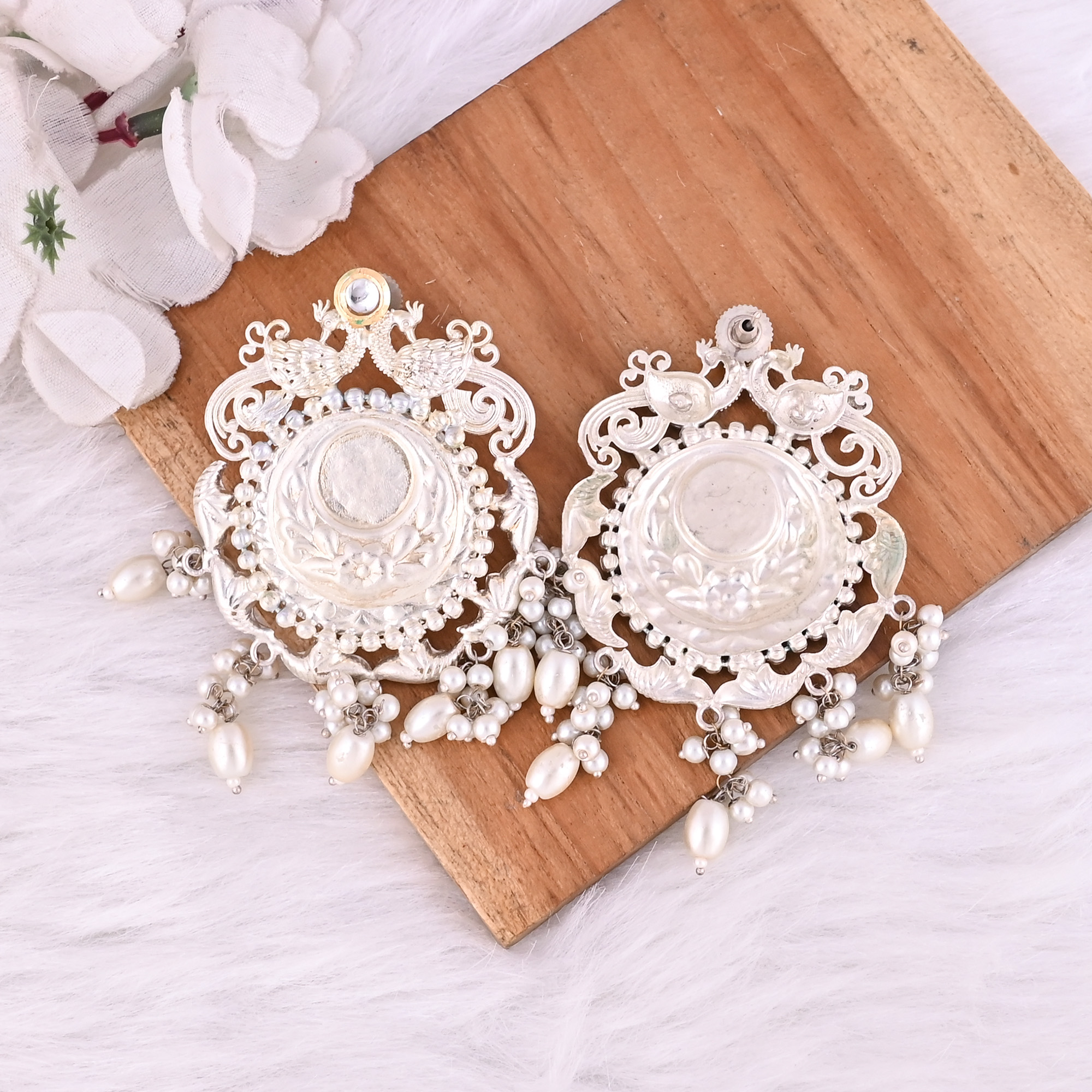 Pearls Kundan German Silver Ethnic Design Stud Earrings