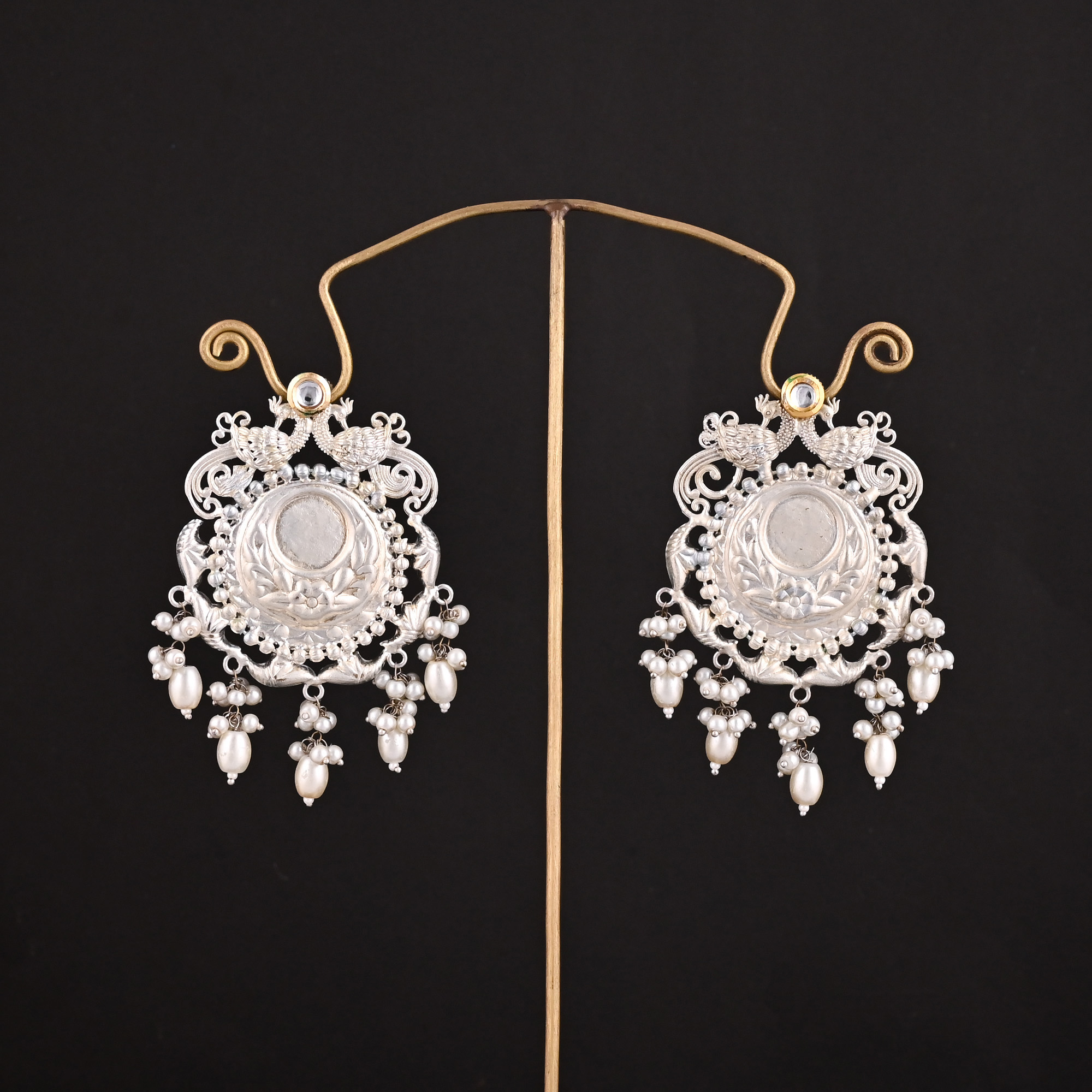 Pearls Kundan German Silver Ethnic Design Stud Earrings