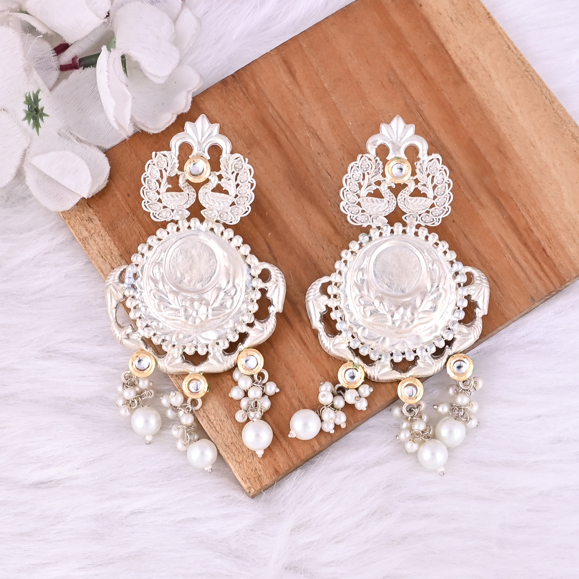 Kundan Pearl Stone German Silver Ethnic Design Dangle Earring