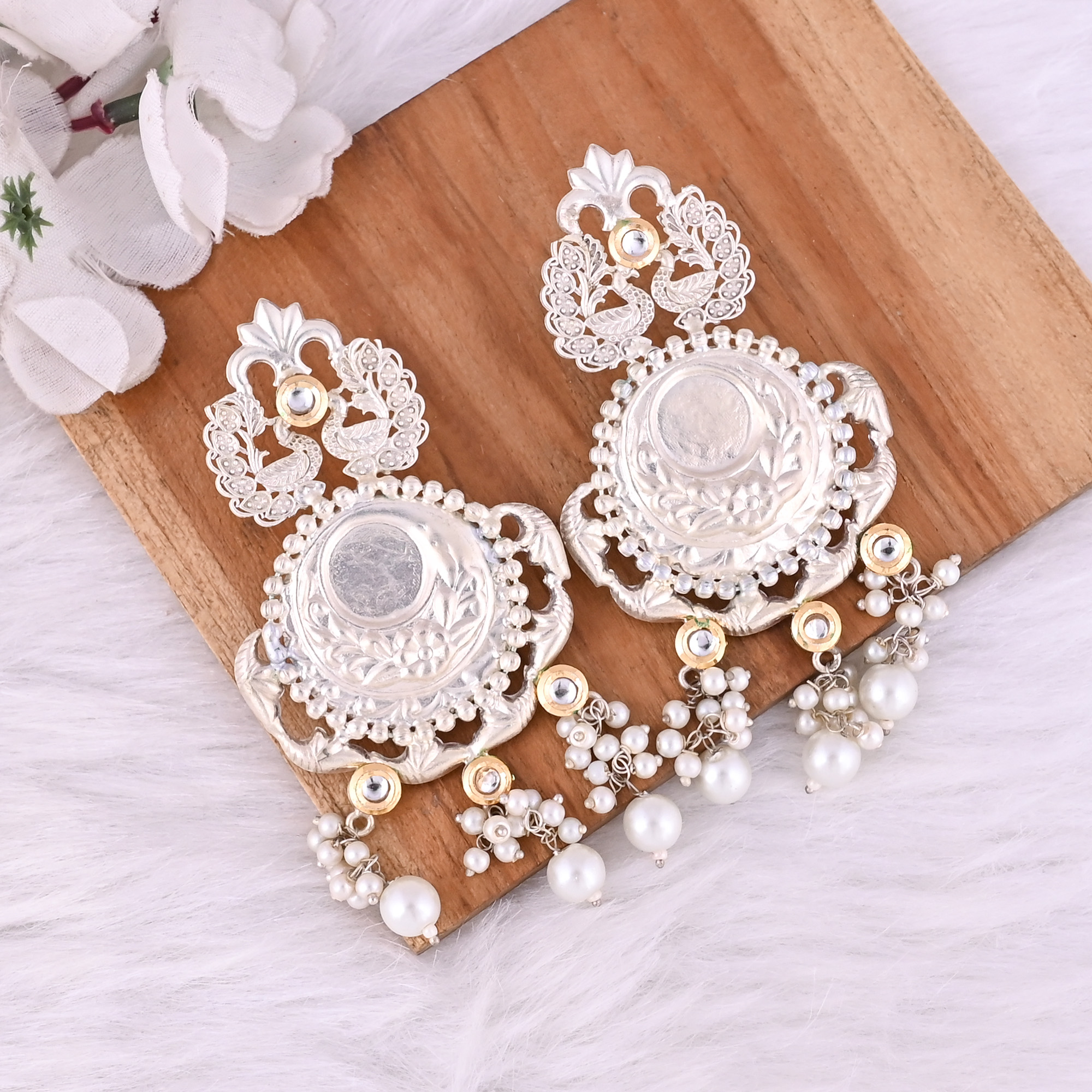 Kundan Pearl Stone German Silver Ethnic Design Dangle Earring