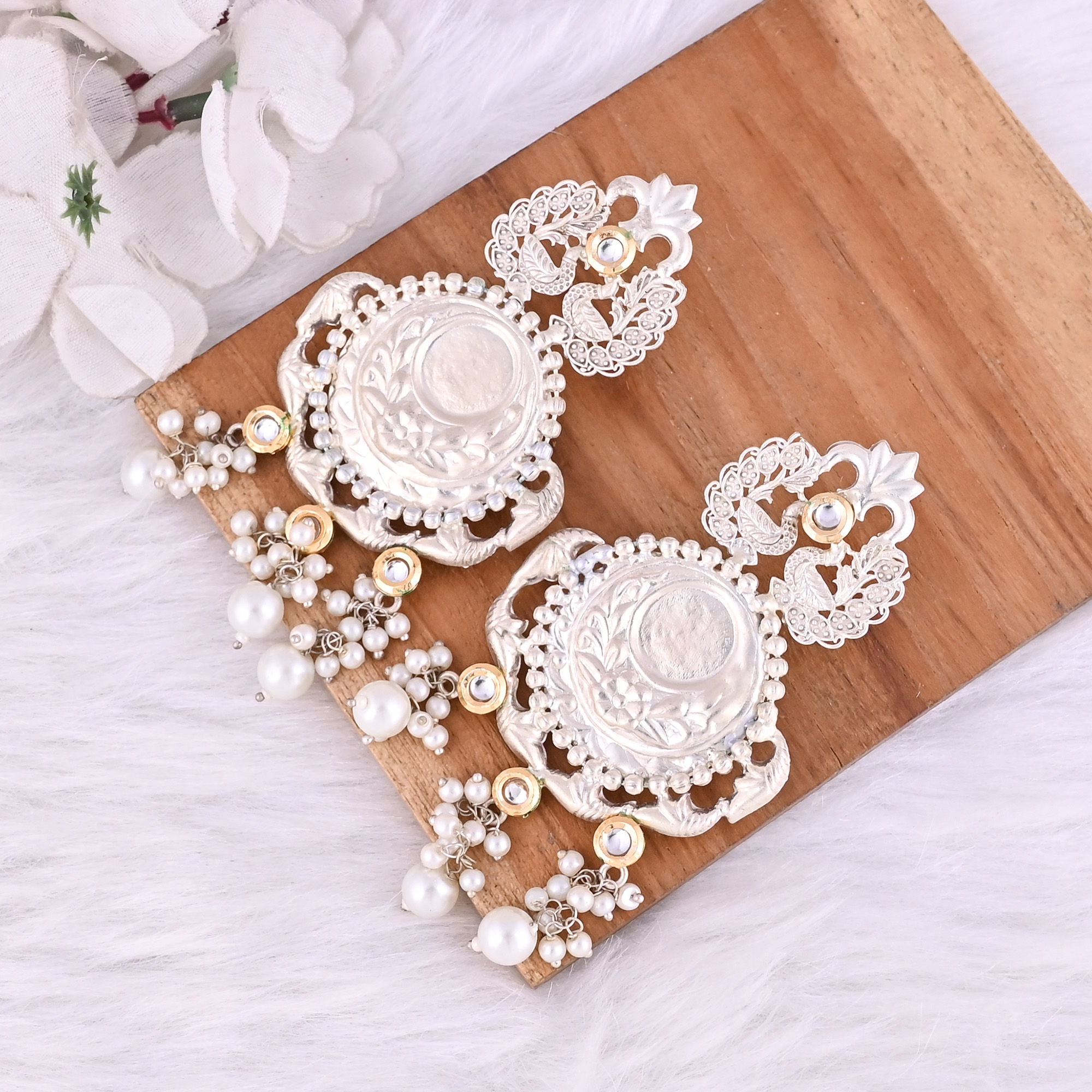 Kundan Pearl Stone German Silver Ethnic Design Dangle Earring