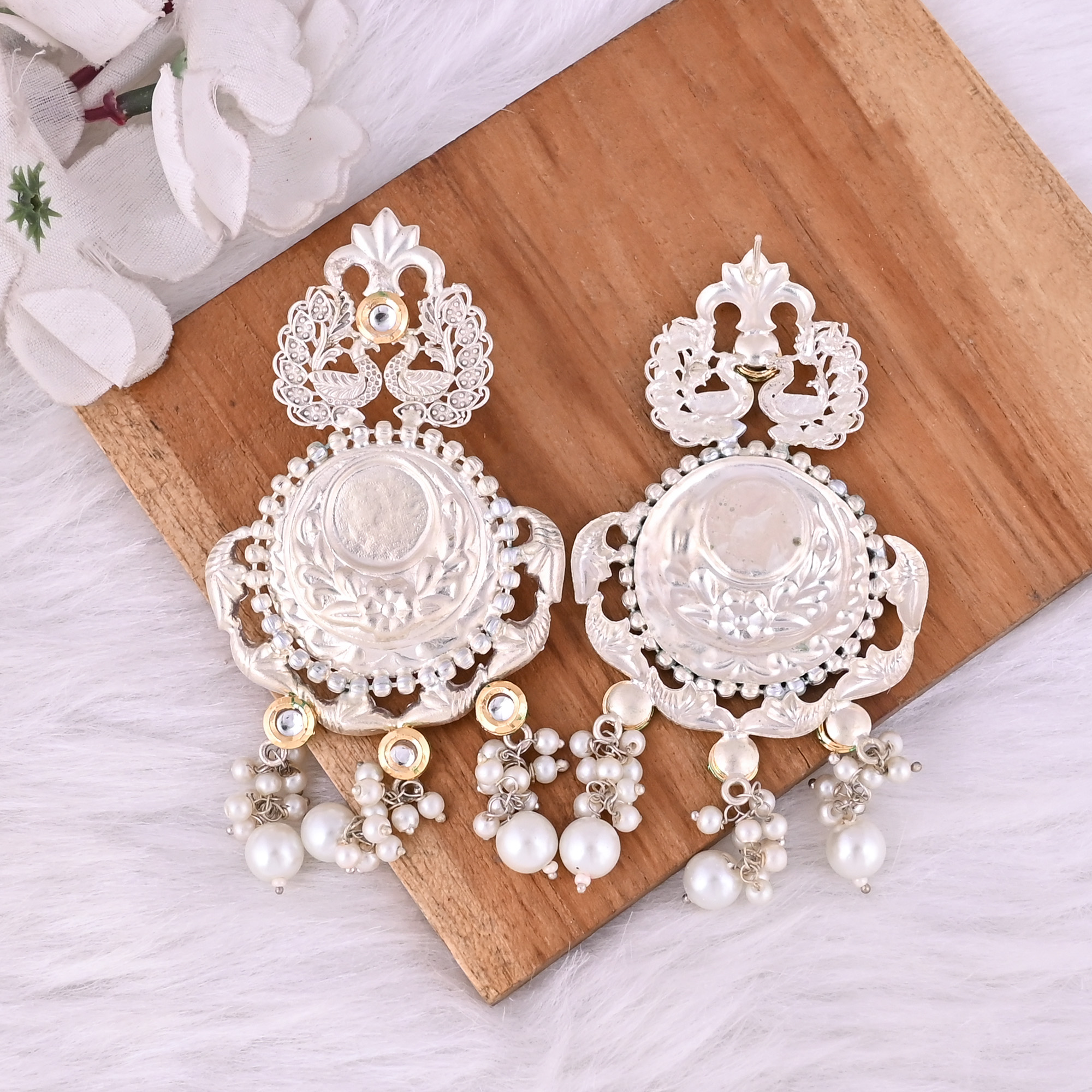Kundan Pearl Stone German Silver Ethnic Design Dangle Earring