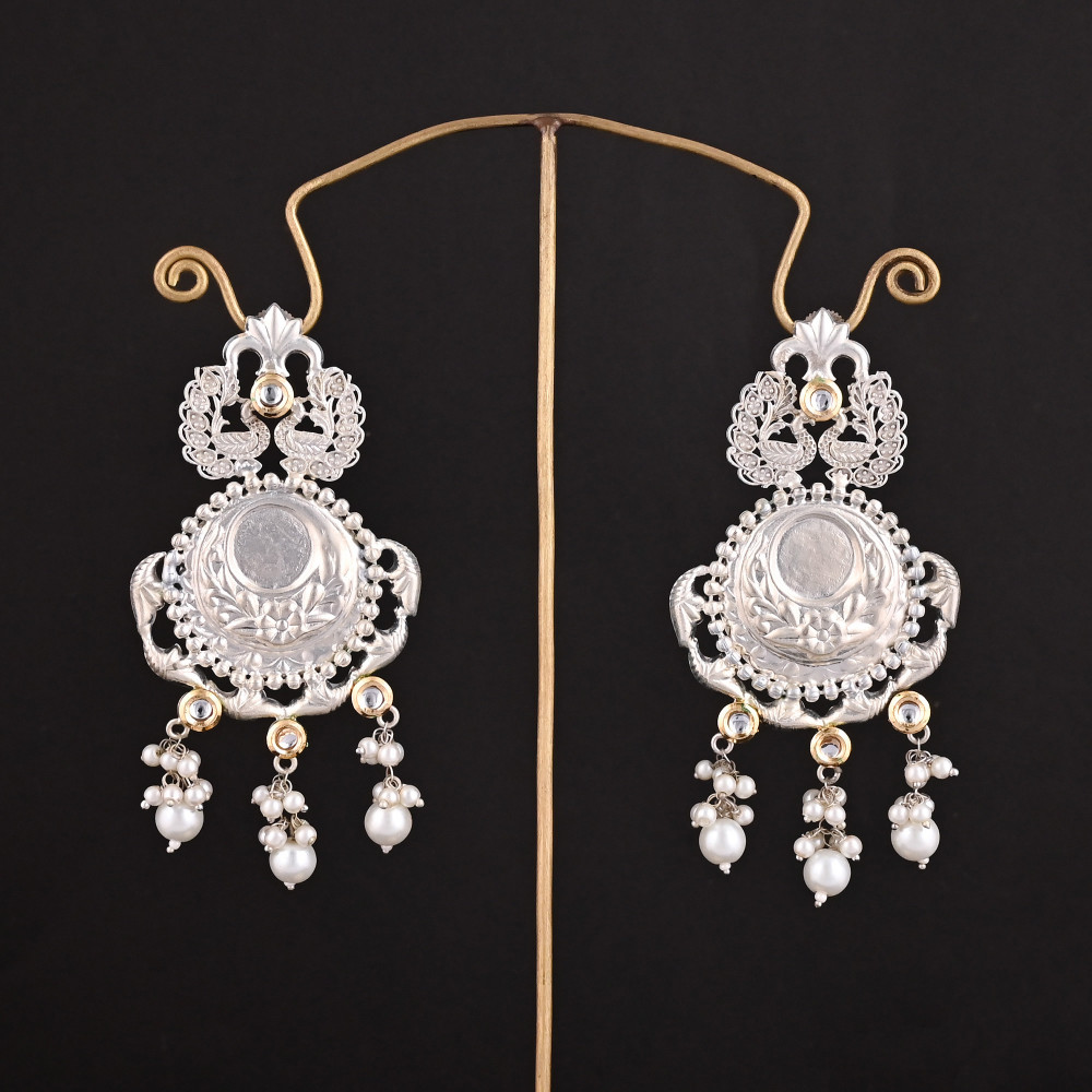 Image of Kundan, Pearl Stone German Silver Ethnic Design Dangle Earring