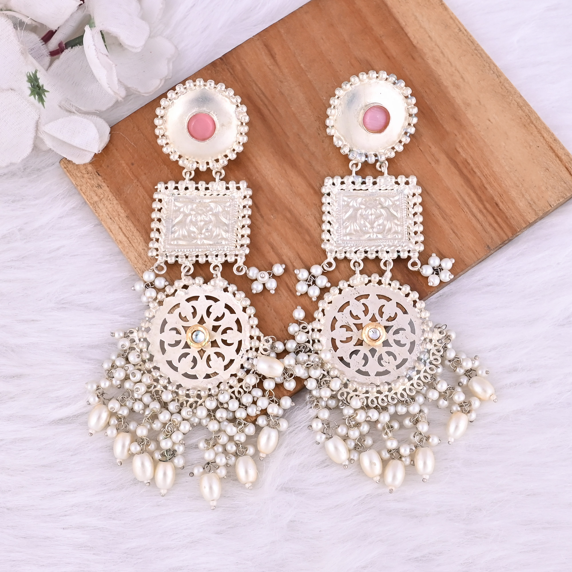 Pink Catseye Kundan Pearl Stone German Silver Ethnic Design Dangle Earring